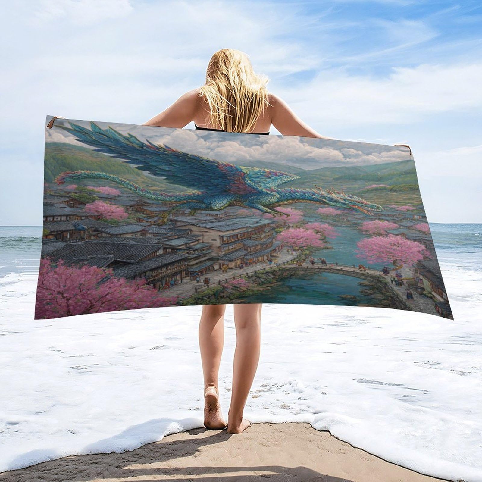 Luyysky Vintage Classic Cool Dragon Absorbent Beach Towel, Abstract Japanese Cherry Blossoms Mythical Animal Western Dragon Outdoor Single-Sided Velvet Beach Towel-80 W Cm X 160" L Cm
