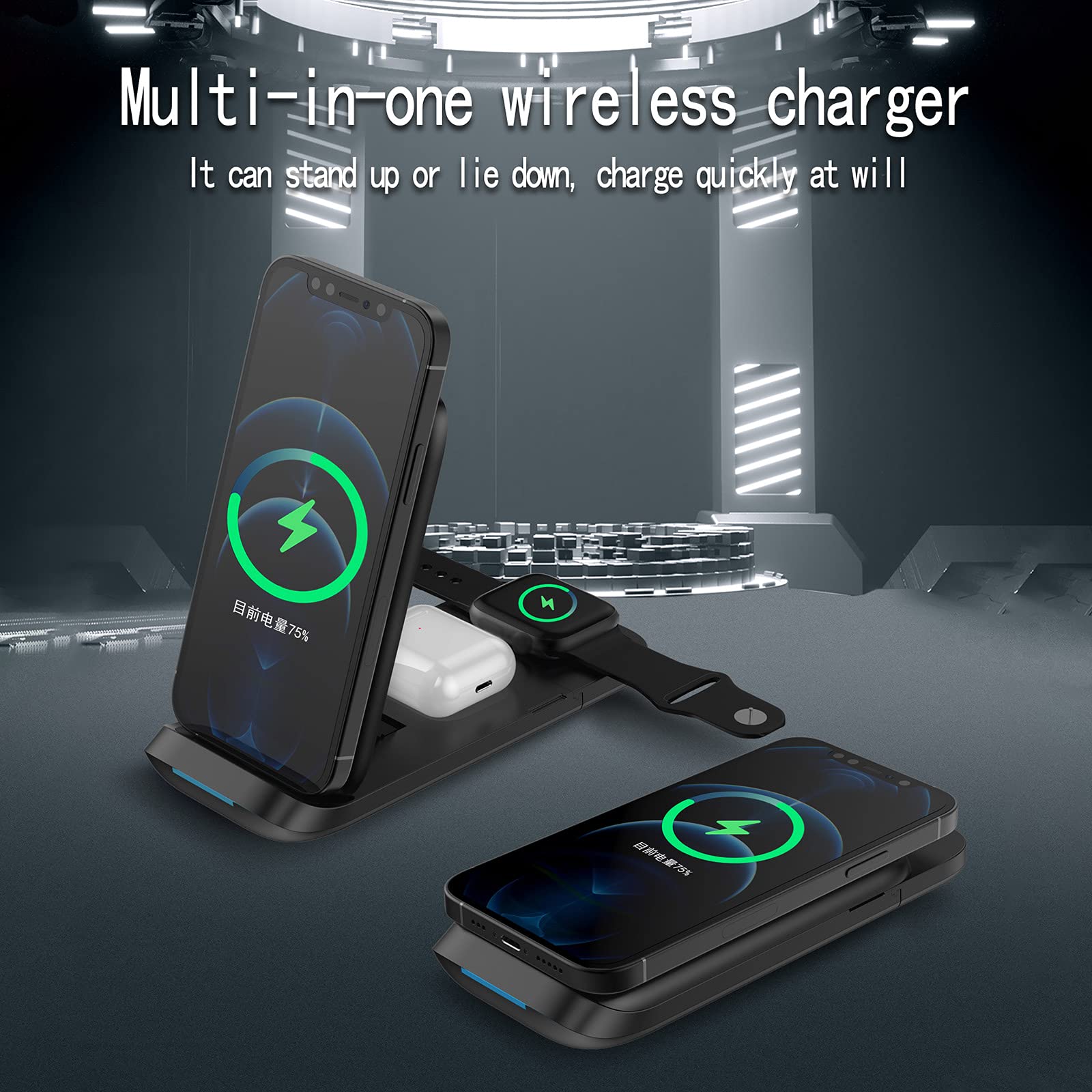 Chargeur sans fil Qi 3 en 1 pliable 15 W rapide pour smartphones Galaxy Qi Watch Pro