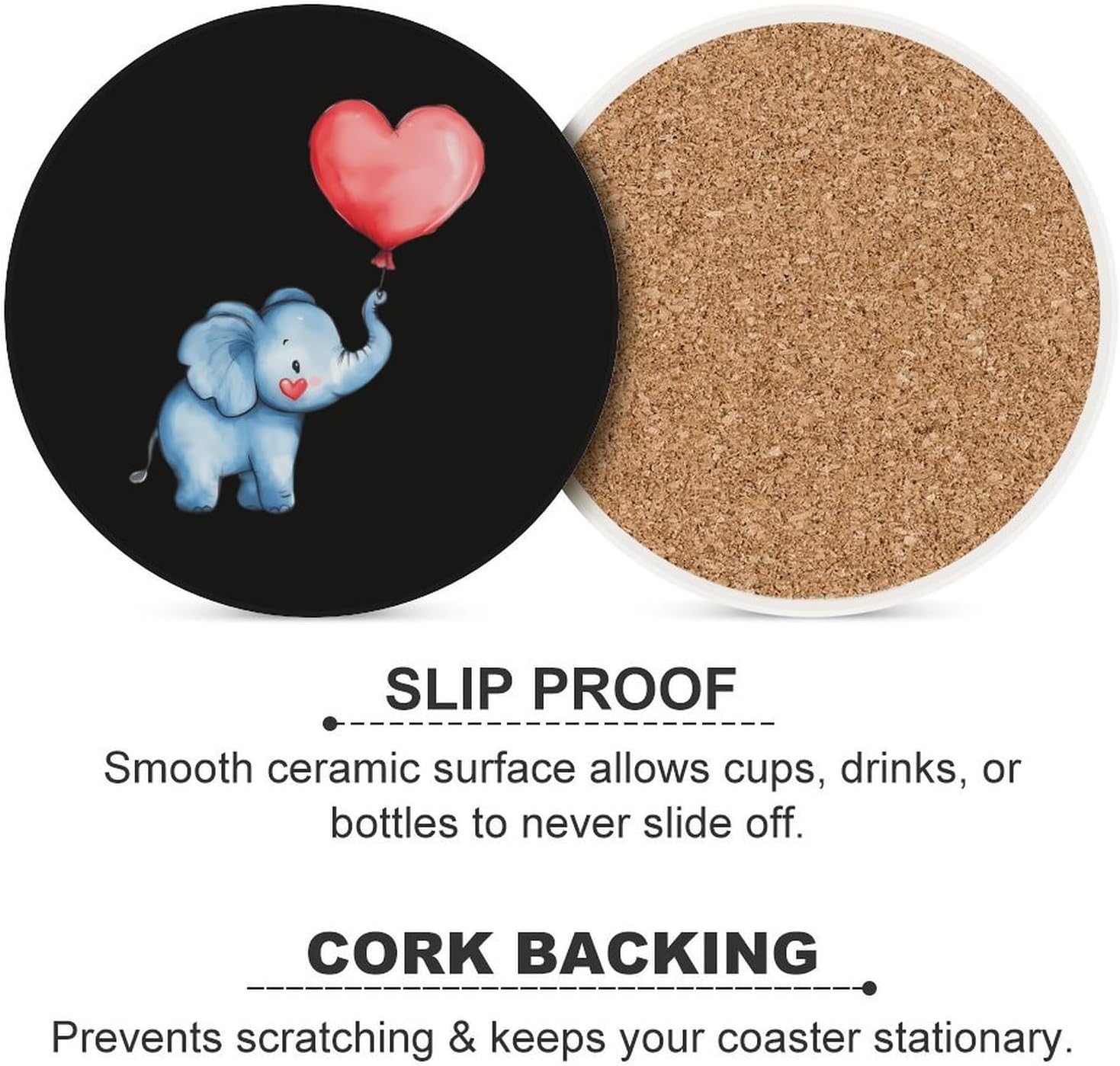 Elephant with Heart Balloon Round Ceramic Coasters Print Drinks Absorbent with Cork Base for Home Decor Gifts 4 Inch