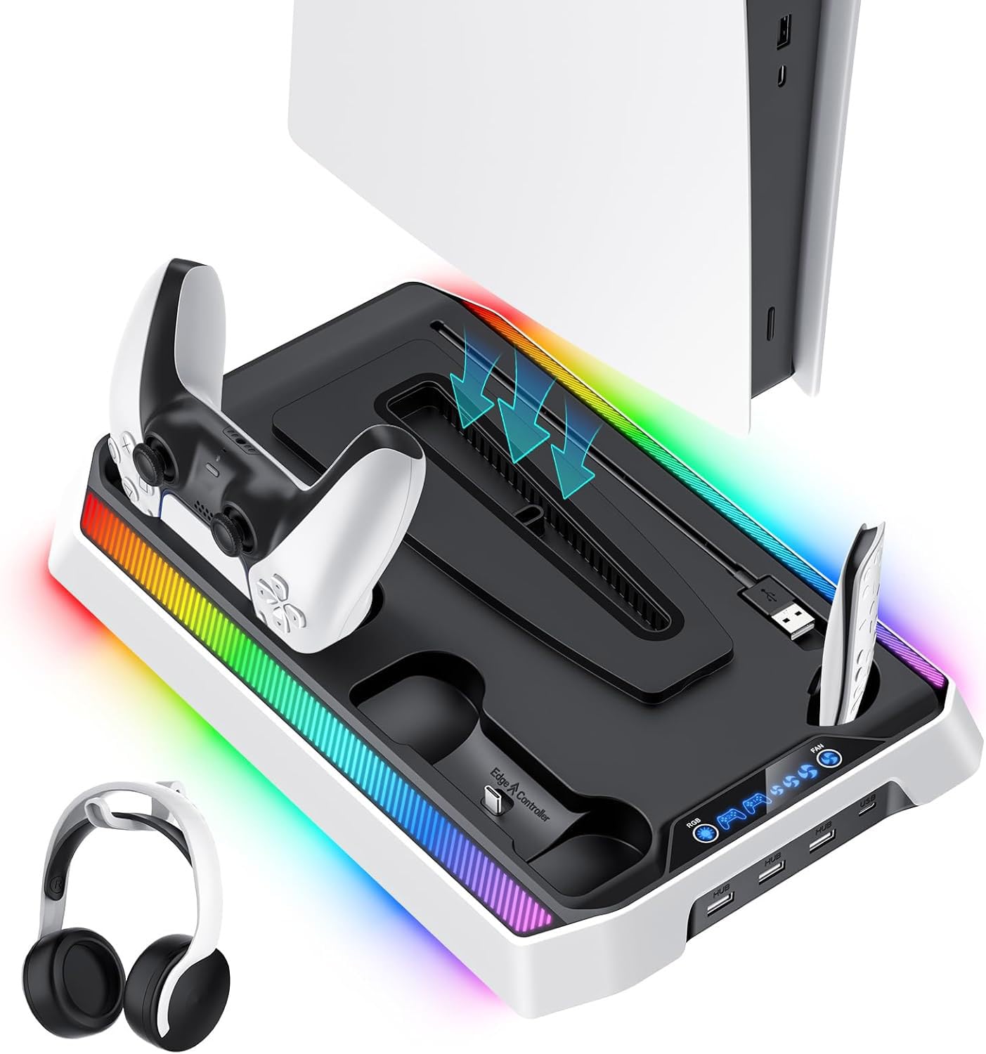 JORREPStation de recharge pour PS5/Slim/Pro et manettes Station de recharge pour console PS5 avec ventilateur de refroidissement, double chargeur de manettes,support de refroidissement
