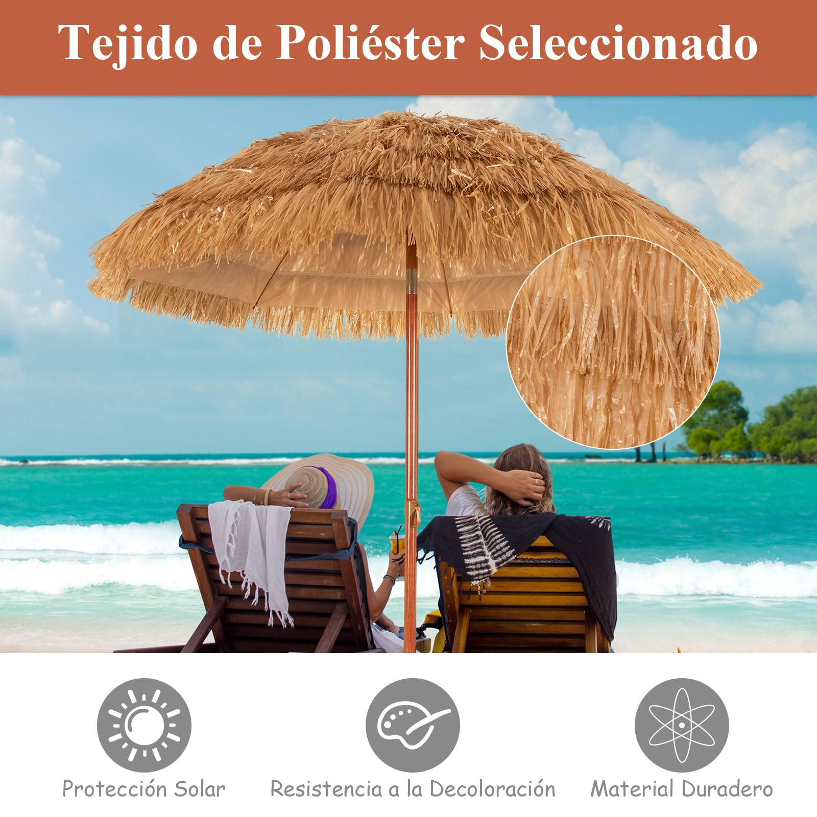 GOPLUS 2M Sombrilla Paja de PP con Flecos, Parasol Hawaiana Inclinable de Terraza Exeterior con 8 Varillas, Bolsa de Transporte, Protección Solar para Jardin, Balcón, sin Base(Natural, 200cm)