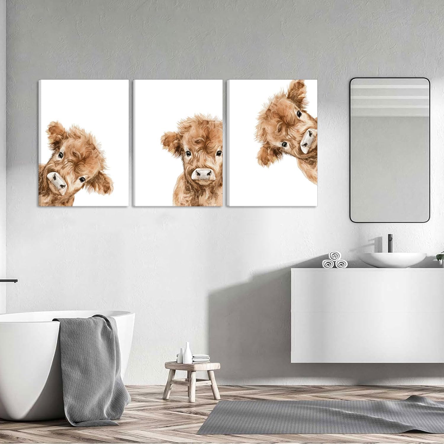 3Pcs Highland Cow Baby Canvas Wall Art Brown Peeping Highland Cattle Wall Decor Pictures Cute and Funny Animals Paintings Posters Prints for Nursery Children's Room Bathroom Artwork Home Decoration