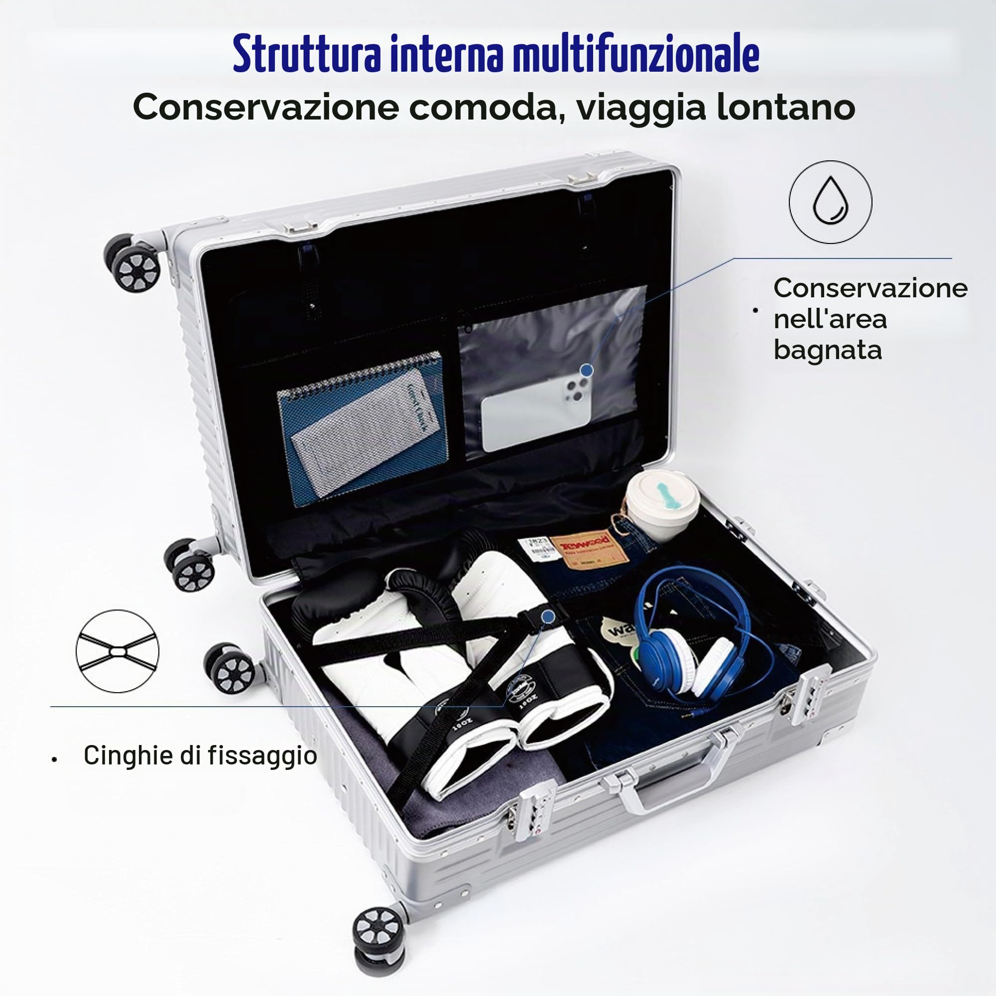 Aoliwei Valigia con telaio in alluminio, S (55 cm), bagaglio a mano, leggero al 100% in policarbonato rigido, effetto metallo, 35 l, valigia da viaggio con TSA, 4 ruote silenziose a 360°, argento