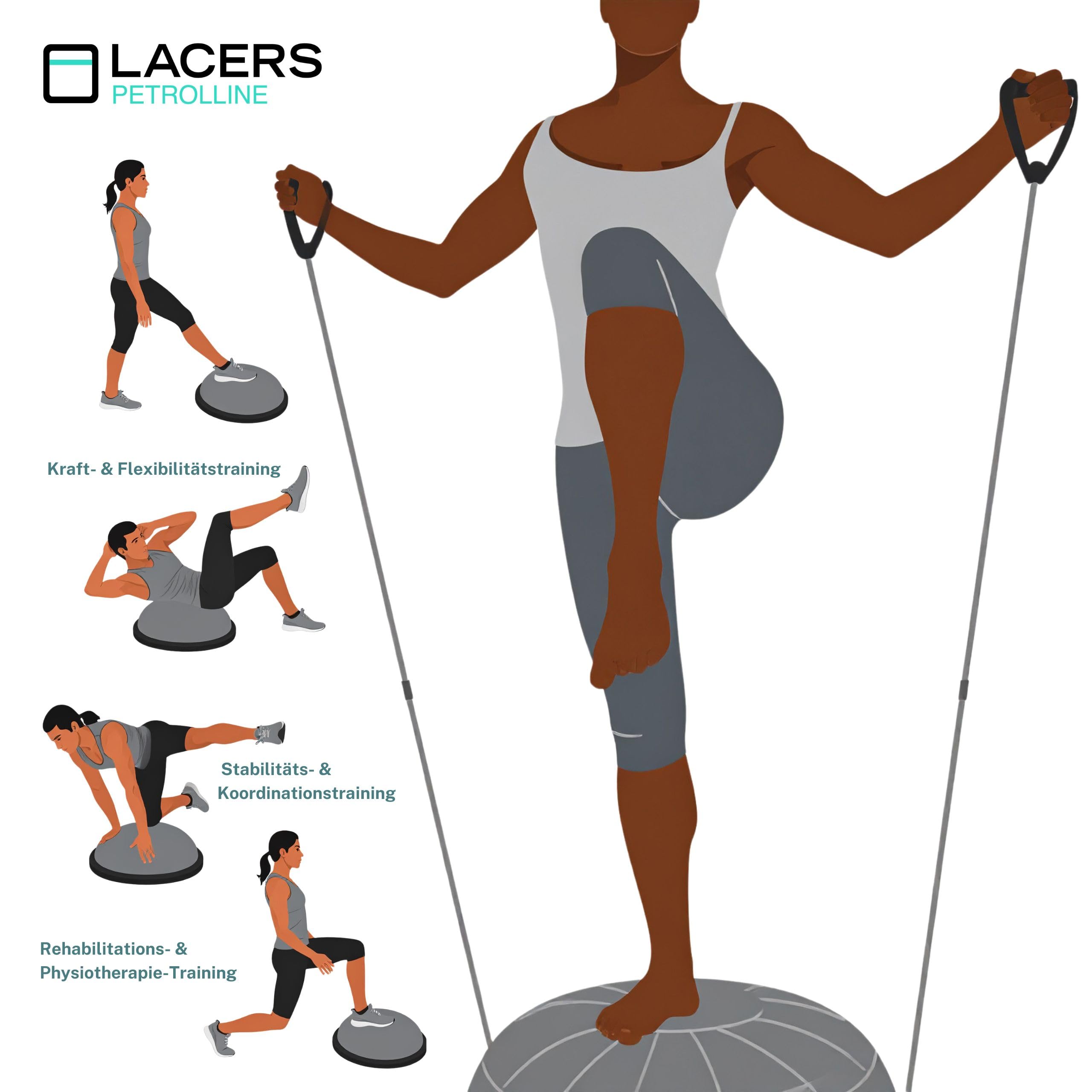 Lacers Petrolline Balance Halbkugel mit Widerstandsbändern und Pumpe - Balanceboard/rutschfester Balloberfläche/Gymnastikball für Yoga, Fitness, Krafttraining & Gleichgewichtstraining