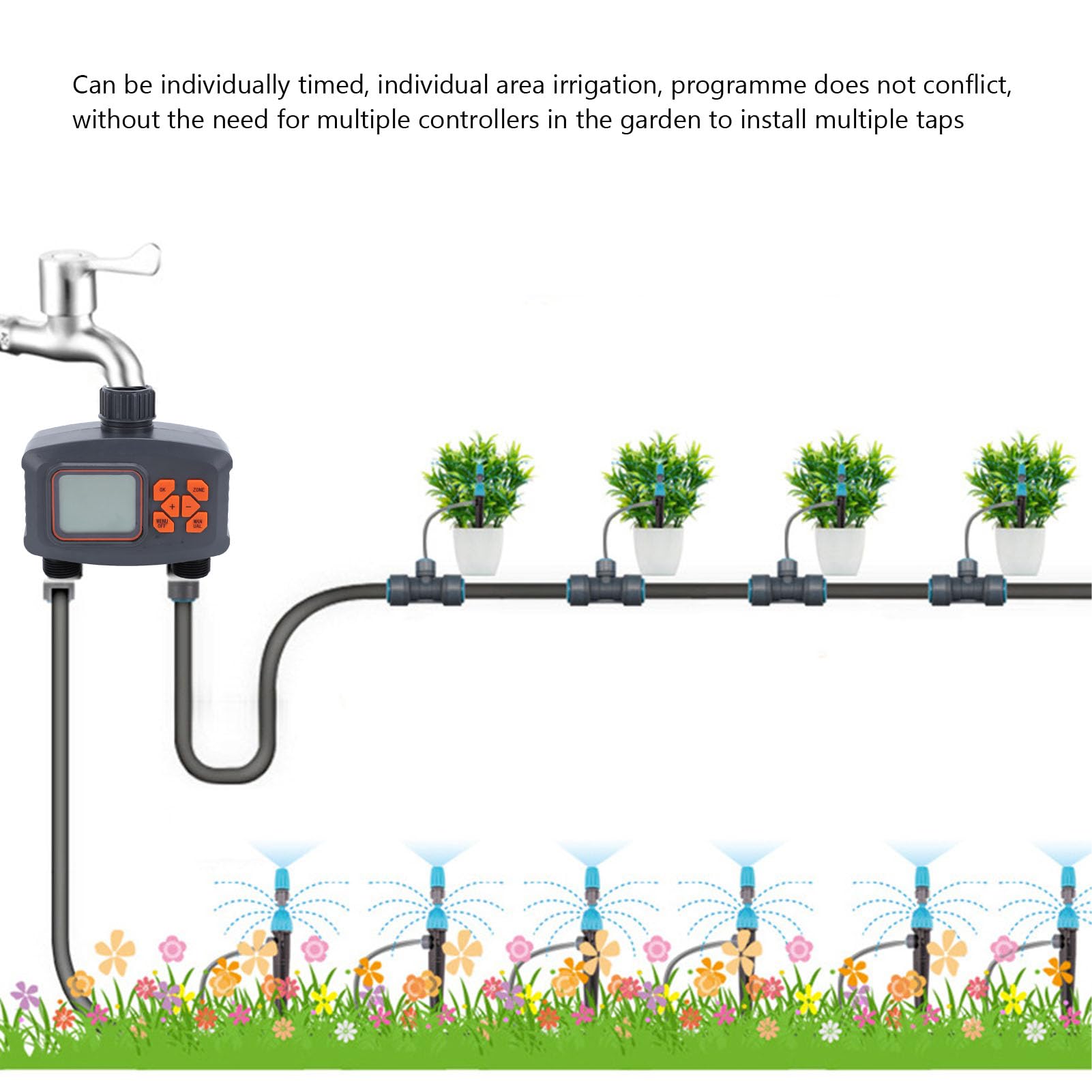 Timer digitale per rubinetto con tubo flessibile a 2 uscite, timer programmabile per irrigatore per giardino, irrigazione esterna, timer per acqua per tubo da giardino, materiale