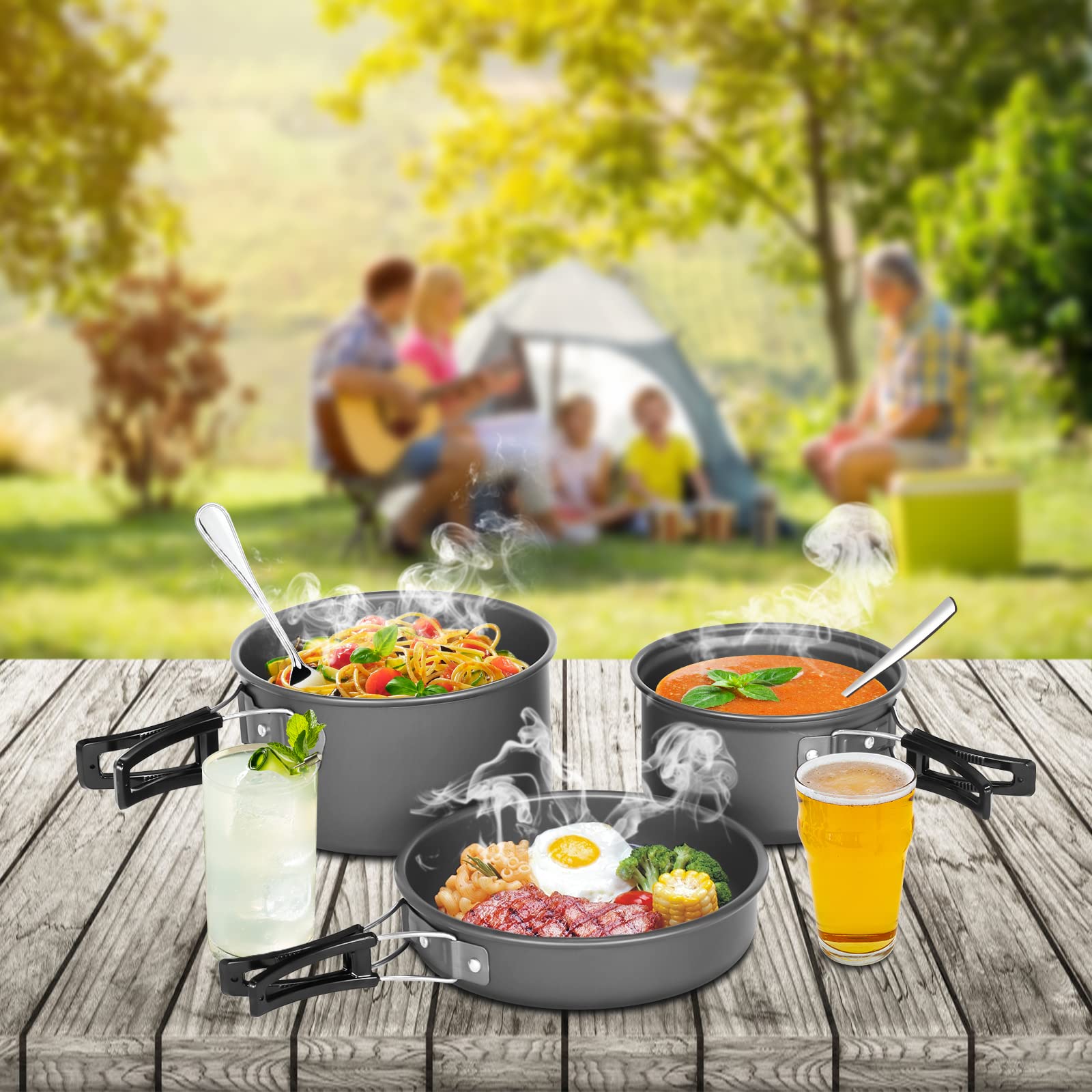 Lixada Lot de 10 ustensiles de cuisine de camping antiadhésifs légers empilables avec sac de rangement, ustensiles de cuisine d'extérieur portables pour randonnée, pique-nique
