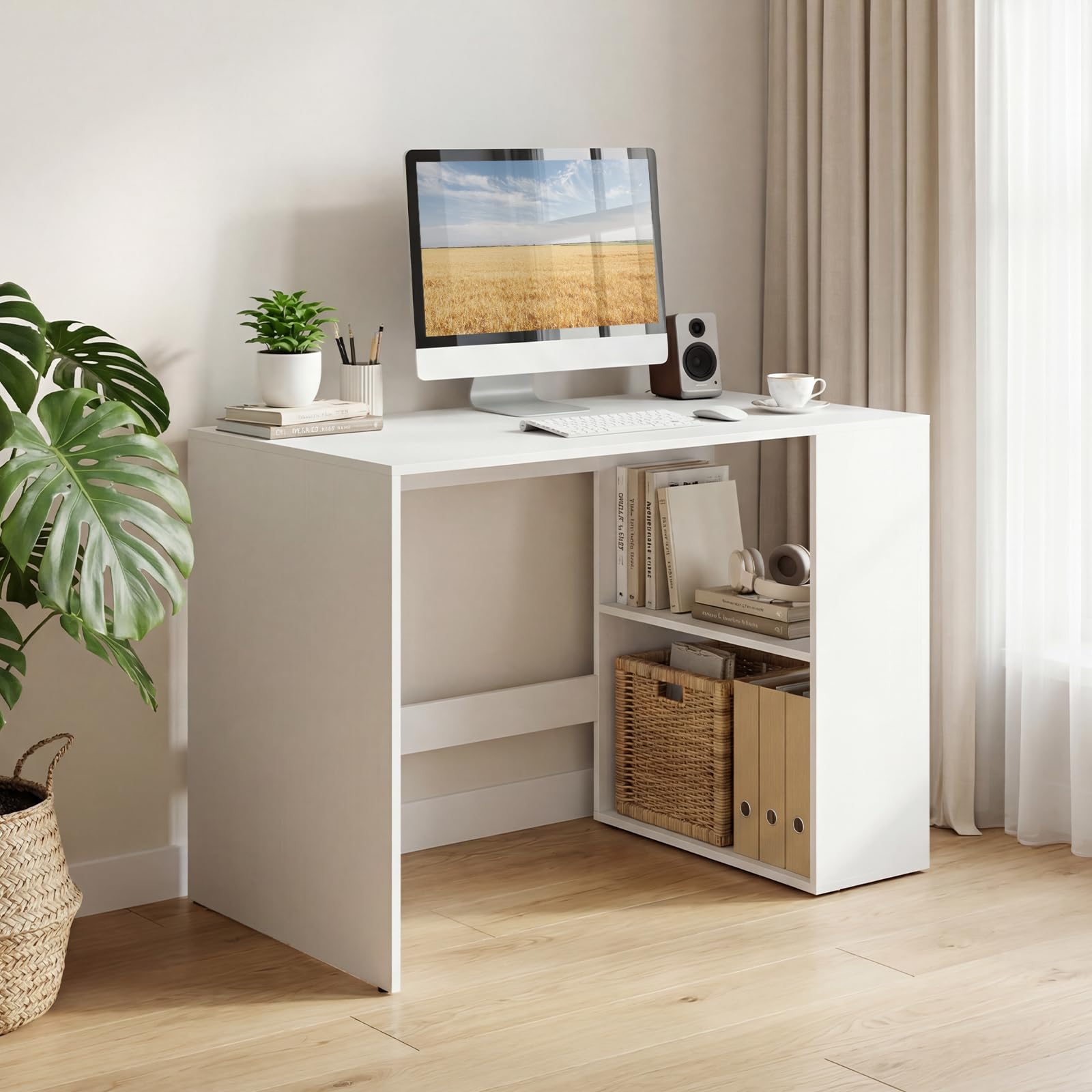 COSTWAY Scrivania Ufficio con Libreria Laterale a 2 Ripiani e Ampio Piano, 112 x 60 cm Scrivania Gaming in Legno, Scrittoio per Computer Salvaspazio per Studio, Soggiorno e Ufficio (Bianco)