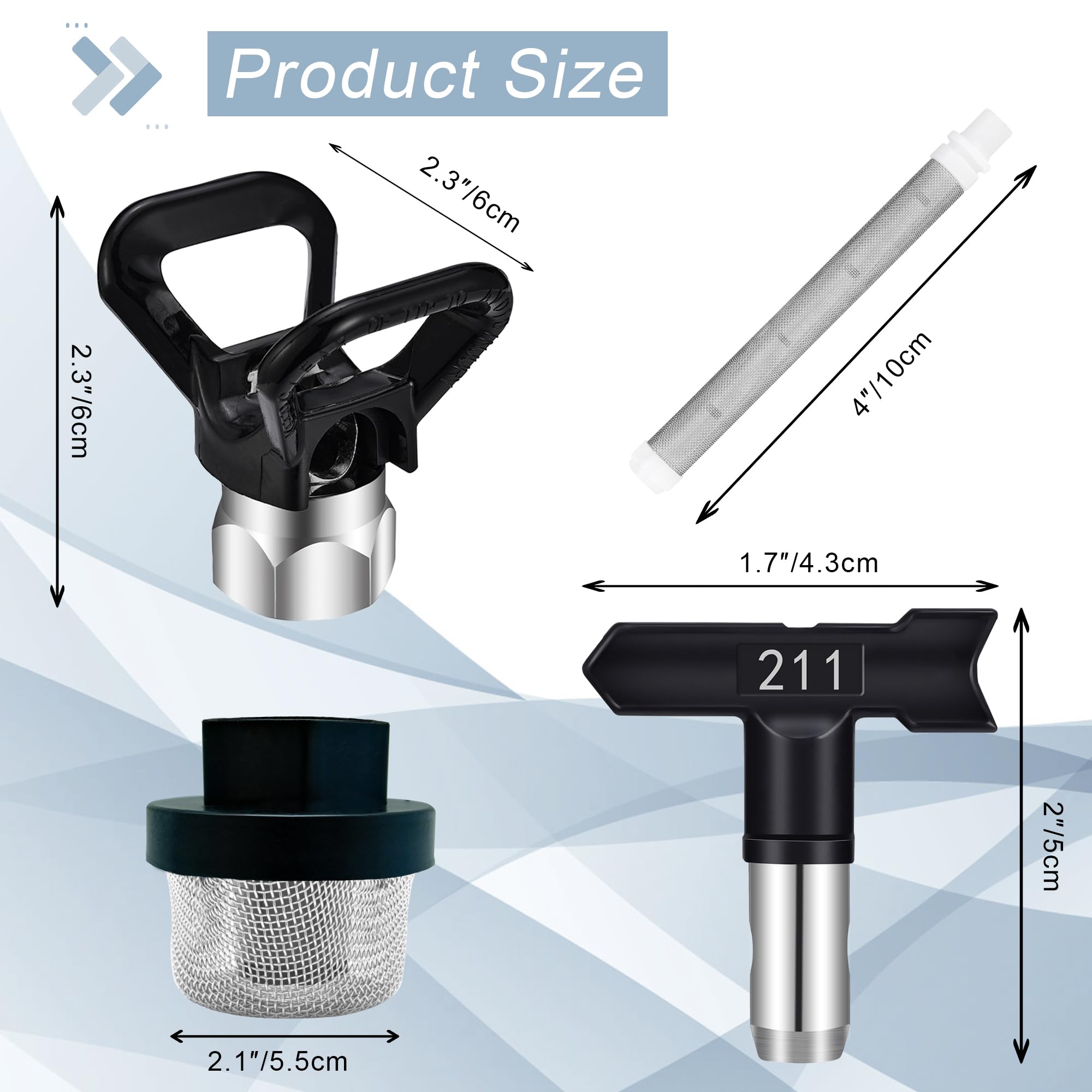 15-teiliges Airless-Farbsprühspitzen-Set, 6 wendbare Sprühdüsenspitzen, 6 Airless-Farbspritzpistolenfilter, 1 Einlasssieb und 2 Düsenspitzenschutz für Spritzmaschinenteile