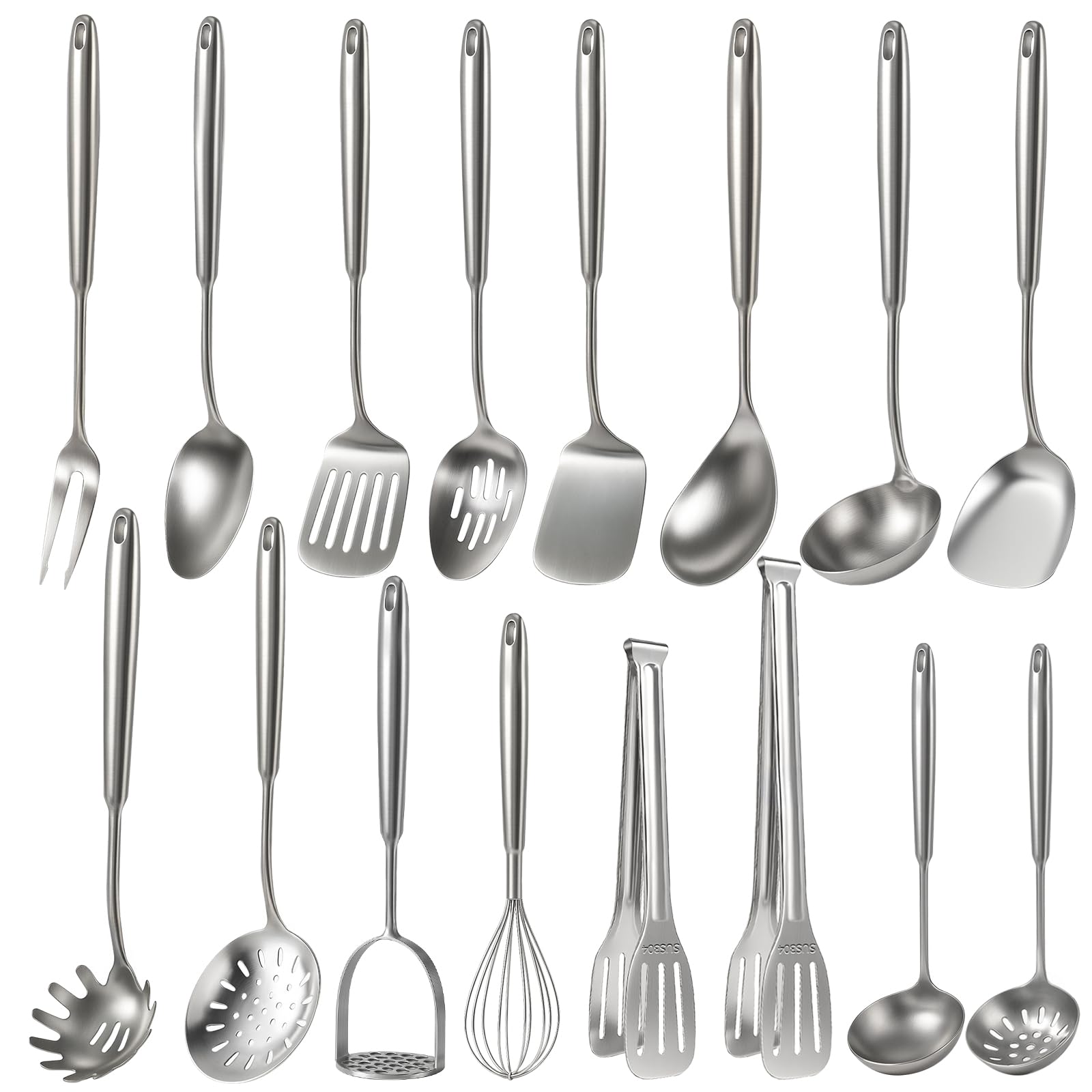 Newness 16 Pcs Cooking Utensils Set, 304 Stainless Steel Kitchen Utensils Set, Metal Kitchen Accessories, Include Soup Ladle, Slotted Skimmer Spoon, Spaghetti Spoon and Spatula, Dishwasher Safe
