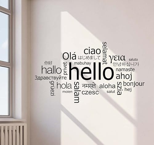 Hola en diferentes idiomas calcomanía de pared letrero de bienvenida ideas de regalo de oficina, calcomanía de vinilo para sala de estar, sala de