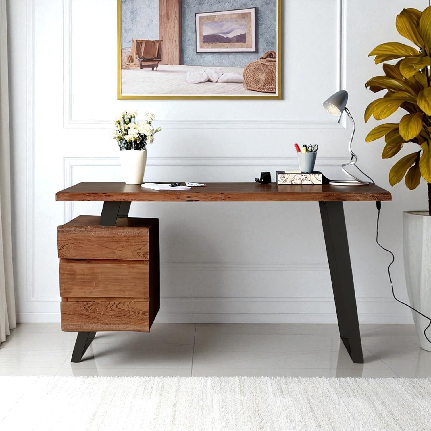 HOMERANGE Acacia Wood Study Table with Drawer Storage Solid Wood Writing Table Computer Desk for Home Office Living Room (Brown Finish)