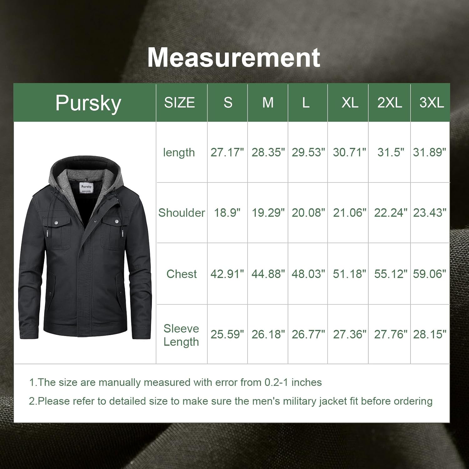 Pursky Men's Military Jacket Casual Washed Cotton Hooded Canvas Coat Fall Coat - Image 7