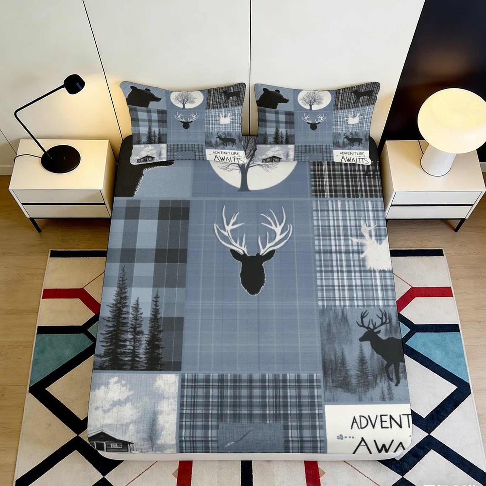 3D Printed Forest Deer Fitted Sheet Microfiber Soft Plaid Bear Mattress Cover for Bedroom Guest Room Easy Care 200x200x25cm