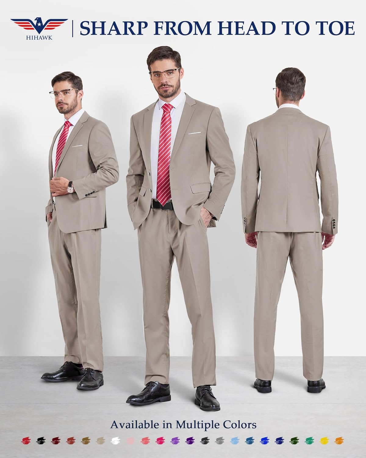 Hihawk Men's Slim Fit 2 Piece Suit, 2 Button Solid Jacket Pants Set - Image 2