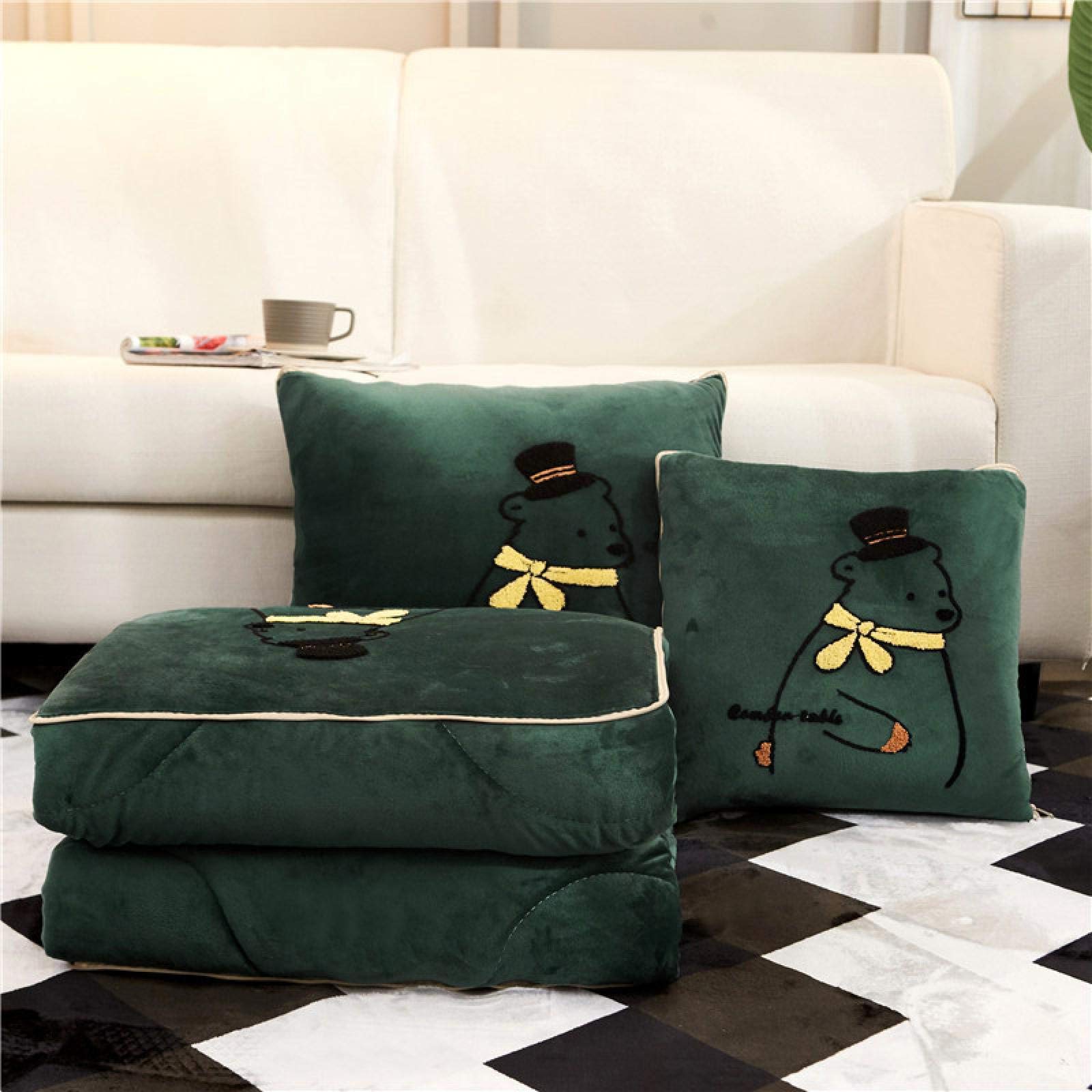 OIFAODAO Blanket pillow, 2 In 1 Cushion Throw Pillow, Travel Blanket, Foldable, Soft, Green, Cartoon, Flannel, Casual, Square