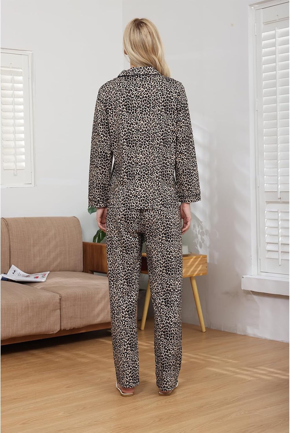 Leopard Print 100 Cotton Pajama Sets for Women 2 Piece Long Sleeve Button Up Shirt and Long Pants Soft Sleepwear Pajamas Lounge Wear Sets 12273 XL - Image 3