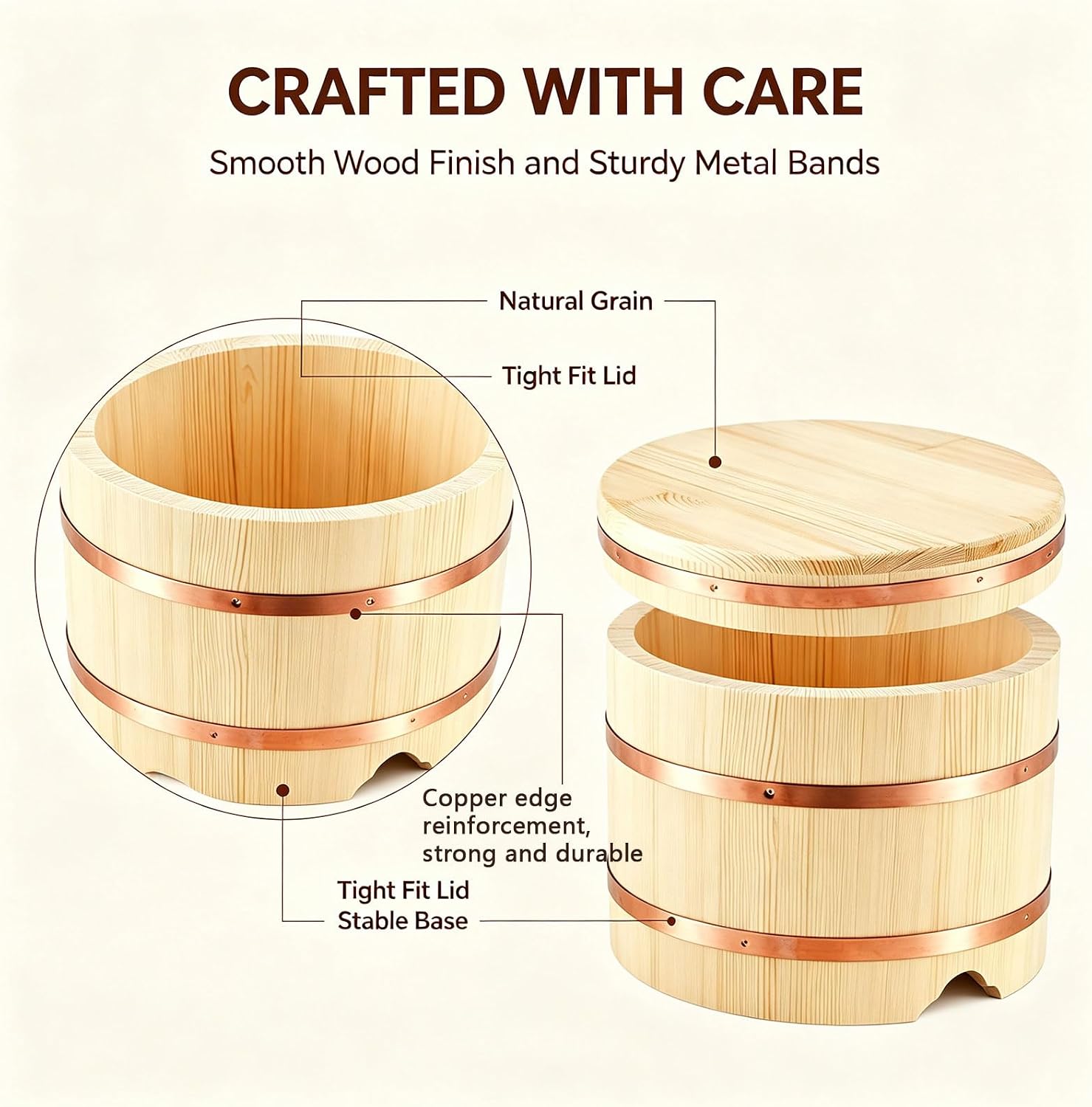 AIZYR Wooden Sushi Rice Bucket Hangiri Sushi Oke Mixing Tub with Lid, Rice Bowl Rice Cooling Barrel for Sushi Making, Home, Restaurant,27cm
