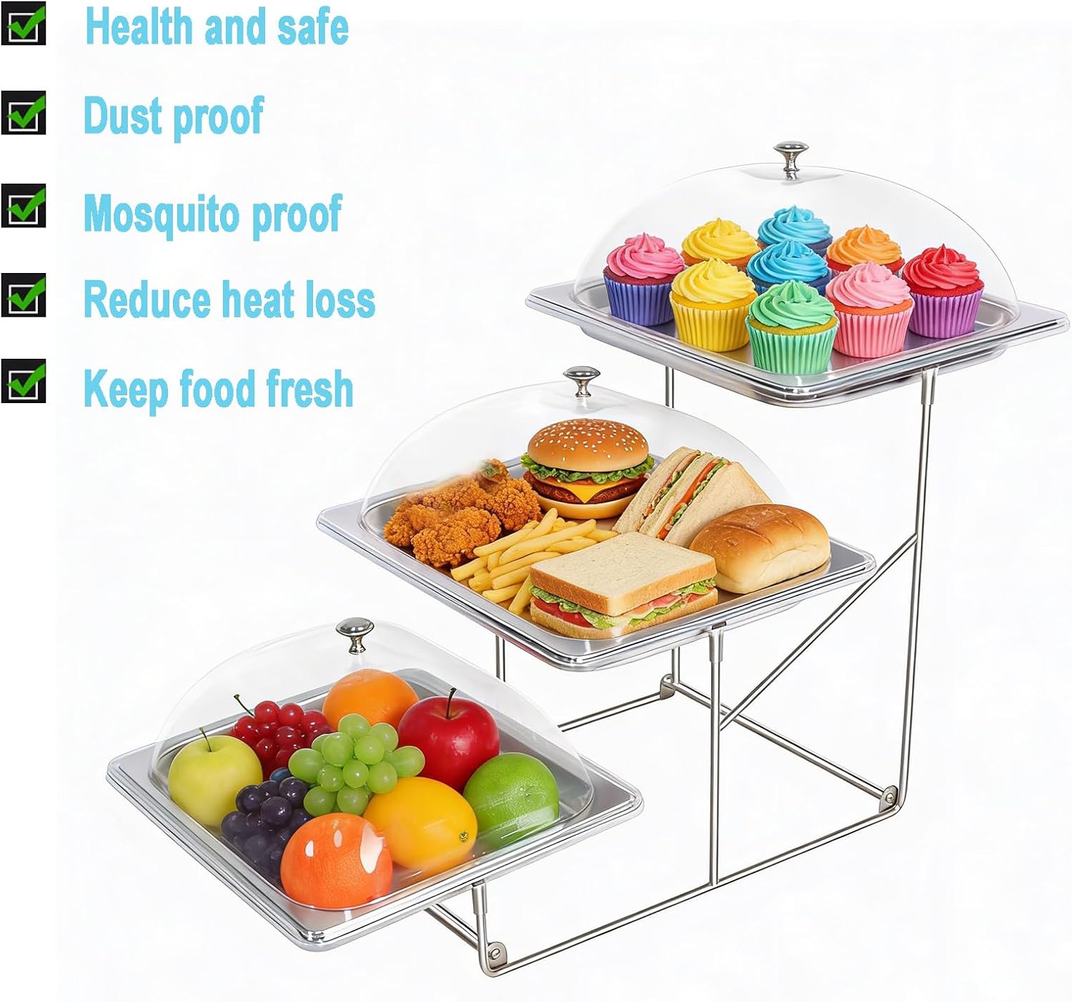 High-Capacity 3 Tiered Serving Trays Platters with Lid Cover Stainless Steel Dessert Cup Cake Table Display Stands Food Snake Fruit Catering Supplies Buffet Display Set (0.8inch)