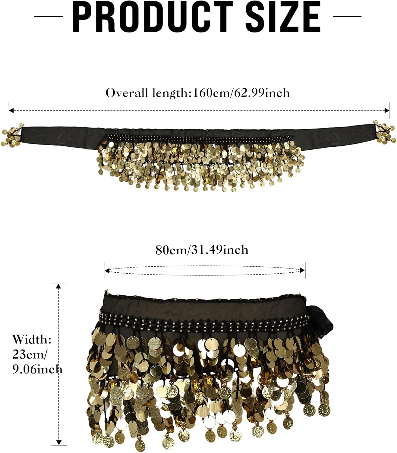 BFONS Belly Dance Hip Scarf with 128 Gold Coins, Women's Sequins Tassel Wrap Genie Skirt for Bellydance Gypsy Costume - Image 5