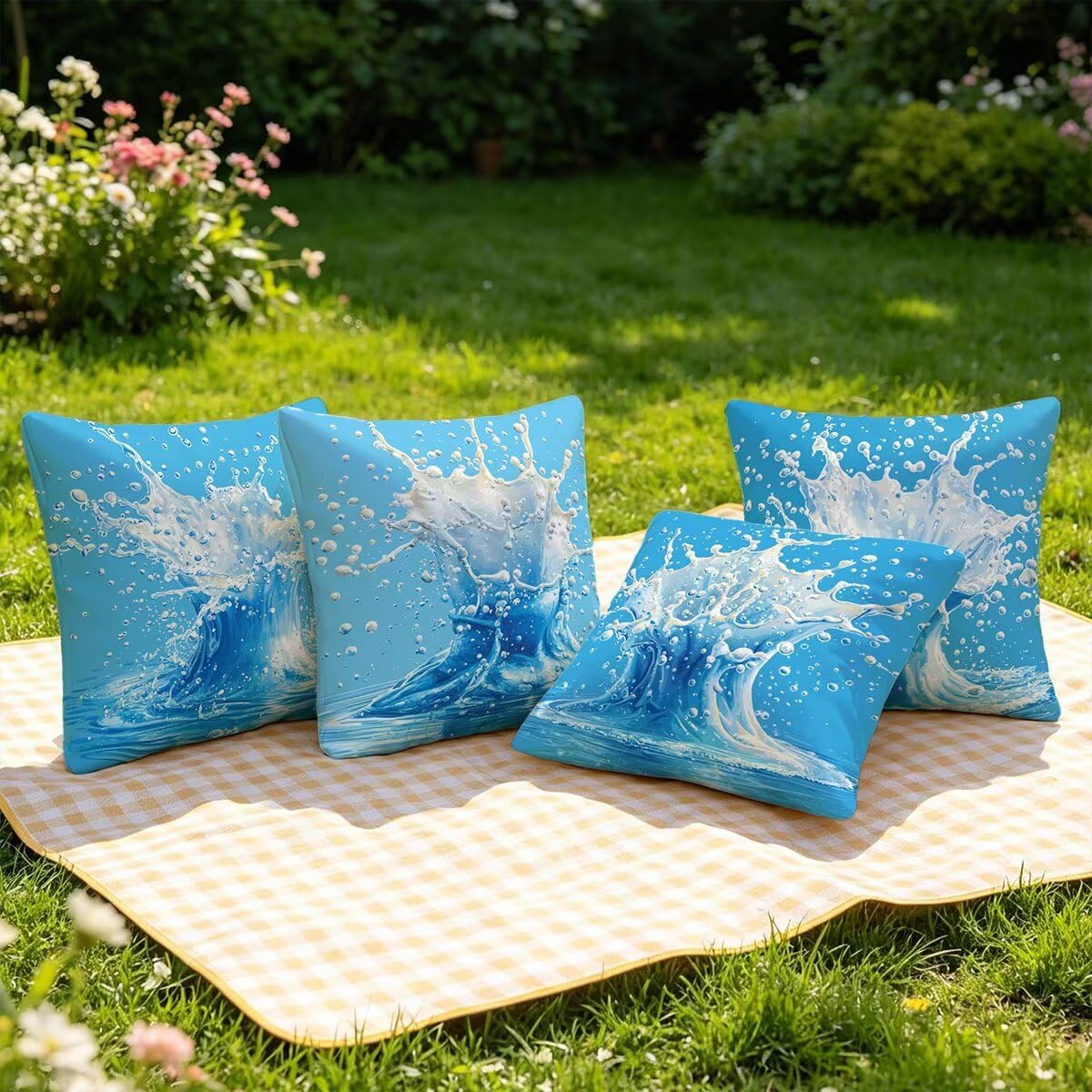 Federe Cuscino Divano 60x60, Blu Navy Cuscini per Divano da Esterno Set da 4, Lino Copricuscini Divanos Impermeabile, Copri Cuscini Estate Motivo Fronte Retro Stampato per Giardino, Sofá, Balcón, D-65