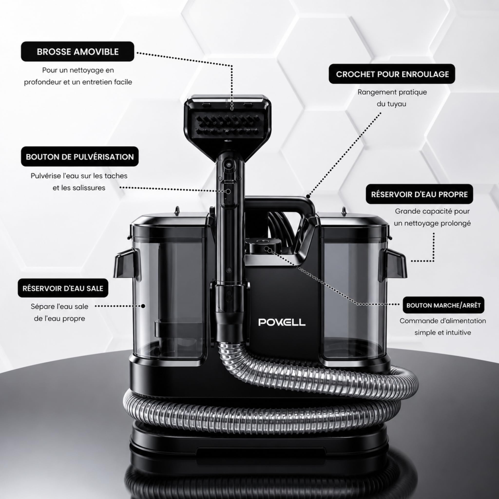 Powell Nettoyeur Vapeur Shampouineuse – 450W Aspirateur Voiture Portable pour Tapis, Canapés, Matelas et Moquette | Réservoir 1,8L Nettoyant Injecteur pour Canapé, Tissu, et Voiture – Noir