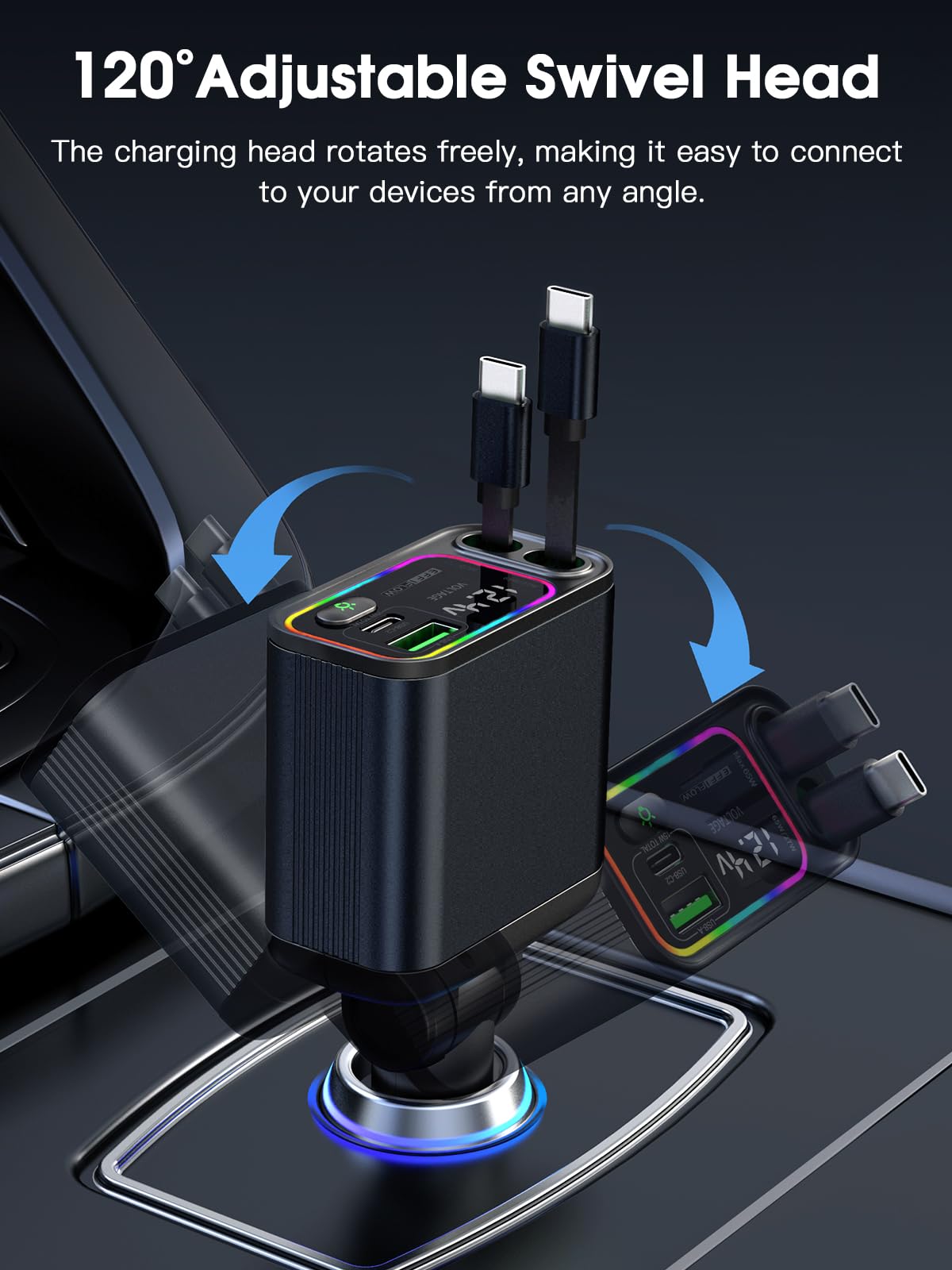 Caricatore da auto retrattile USB C, tipo C, ricarica rapida con cavo retrattile, compatibile con iPhone 16/15, S25/24/23/22, Pixel 9/8/7 (nero, 145 W (C+C))