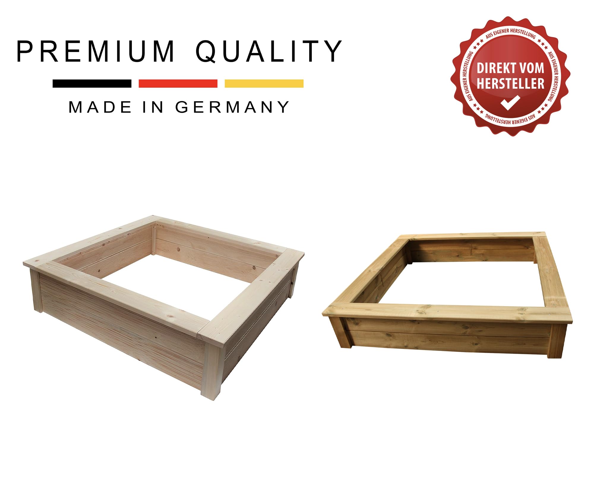 Clamaro 'Beach' Holz Sandkasten 190 x 190 cm extra stabil aus Fichte Massivholz Bohlen (28mm stark, imprägniert), Sitzumrandung mit abgerundeten Kanten, verzinkte Schrauben - 100% Made in Germany