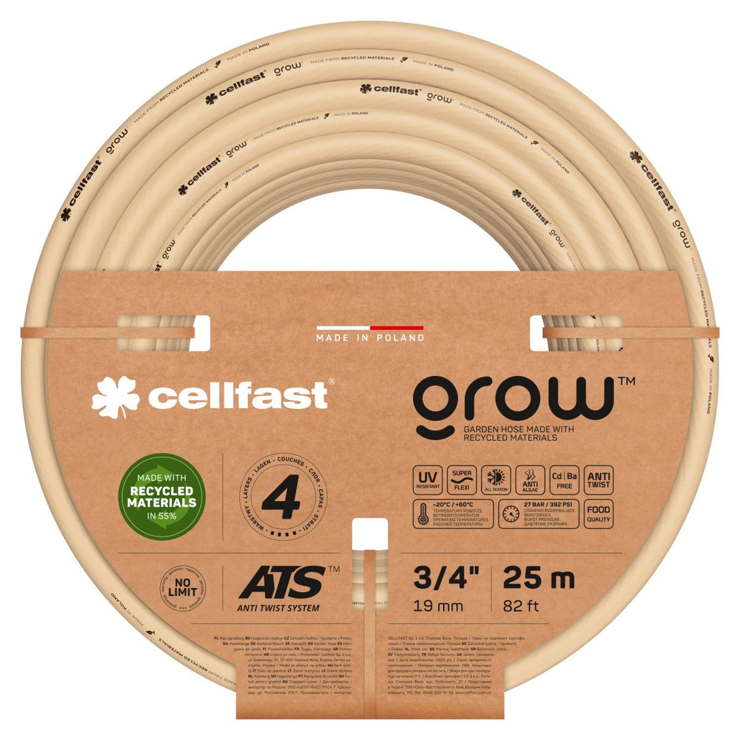 Cellfast GROW Manguera de Riego de Jardín 4 Capas ATS Tricot Trenzado Resistente a los Rayos UV Antialgas (3/4" 25m)