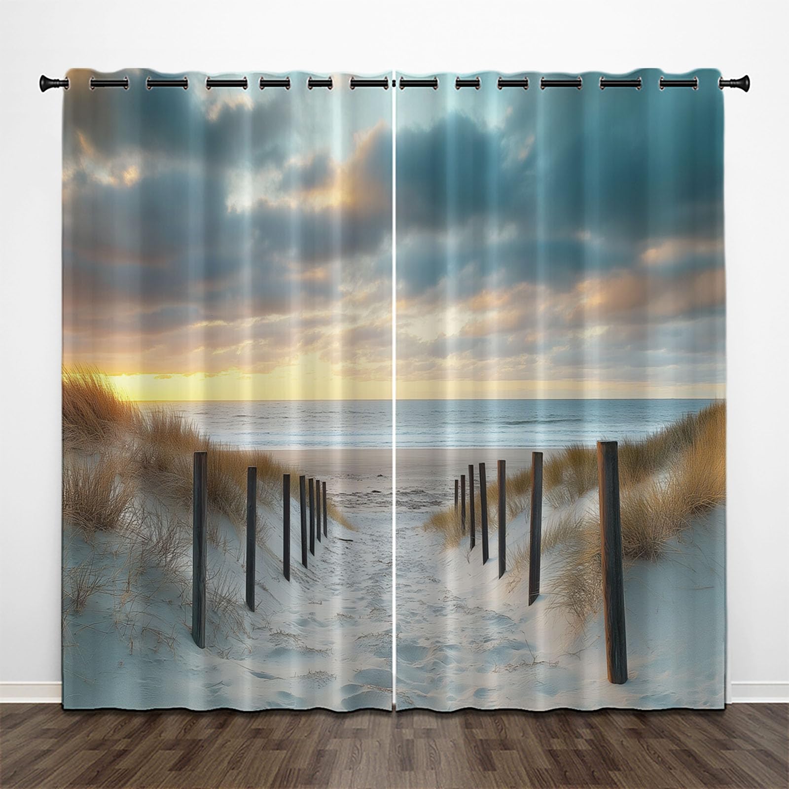 Vorhang Blickdicht Vorhänge Verdunkelungsvorhang,Ruhiger Strand Gardinen Mit Ösen Wohnzimmer Schlafzimmer,Natur Sonnenuntergang Thermovorhang 3D H 214 x B 132 cm Ösenschal 2Er Set