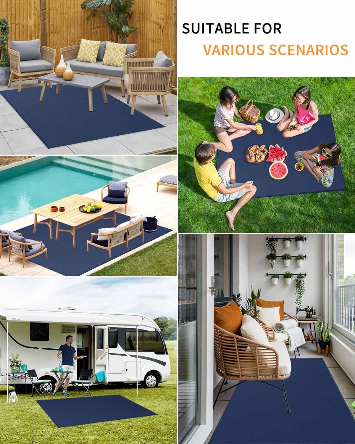 Outdoor Rug 4x6 ft Navy Blue Outdoor Large Area Rug Non Slip Rubber Solid Color Washable Front Door Mat RV Rug Camping Carpet Patio Outdoor Rugs for Backyard Balcony Deck Porch Indoor Outside