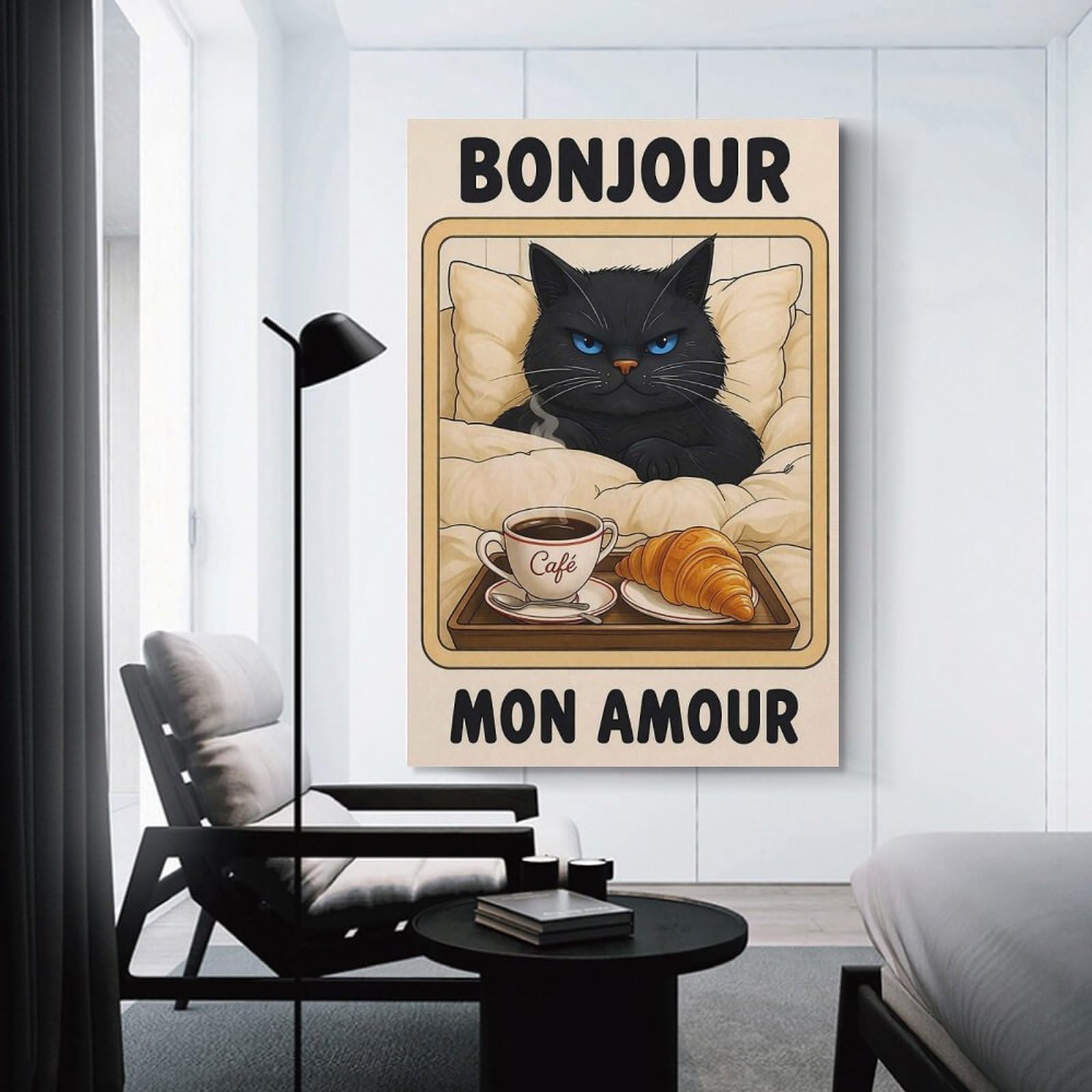 Junmoney Cat Bonjour Mon Amour Decorative Canvas Print, 08x12inch(20x30cm), for Living Room, Bedroom Or Home Office, Canvas Artwork with Gifting Potential