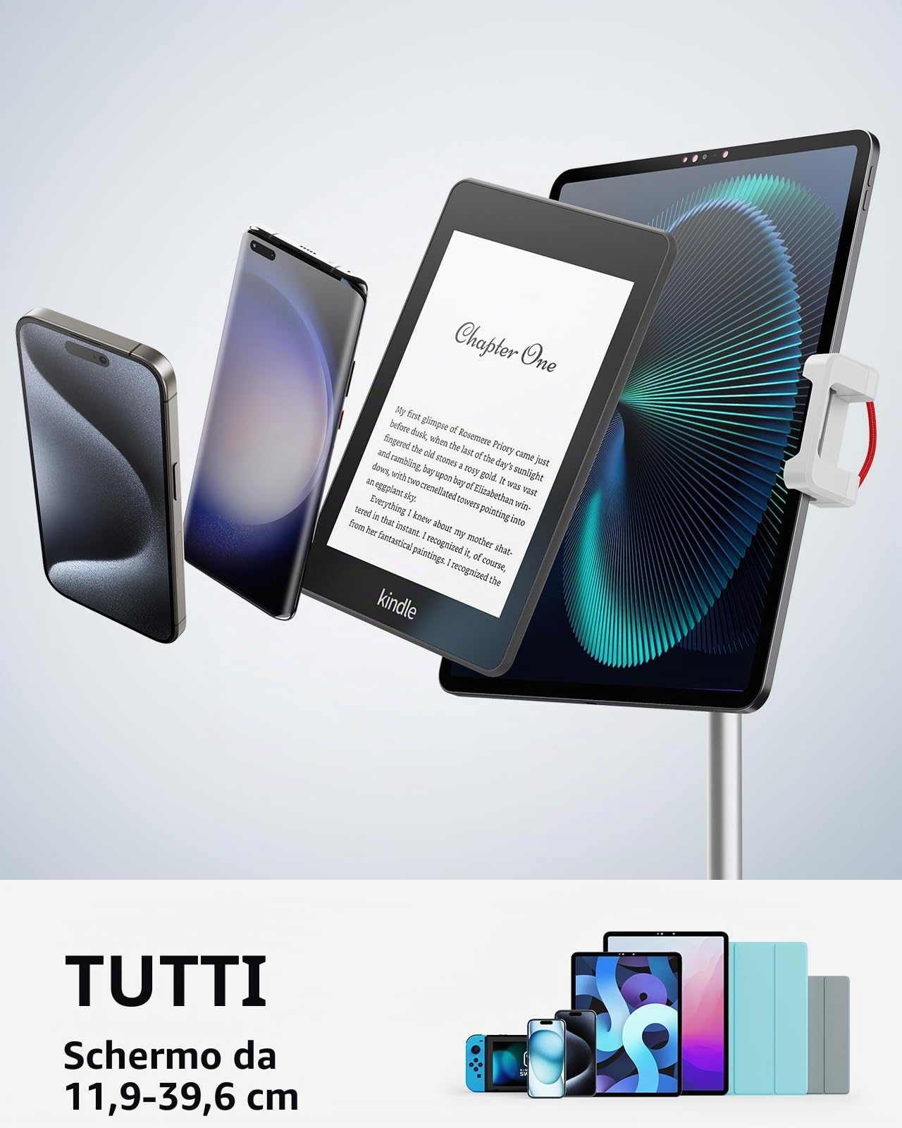SAIJI Supporto per tablet regolabile, supporto per telefono con ampia base stabile, angolo regolabile e altezza compatibile con iPhone iPad Pro Air Mini da 4,7-12,9" (Argento)