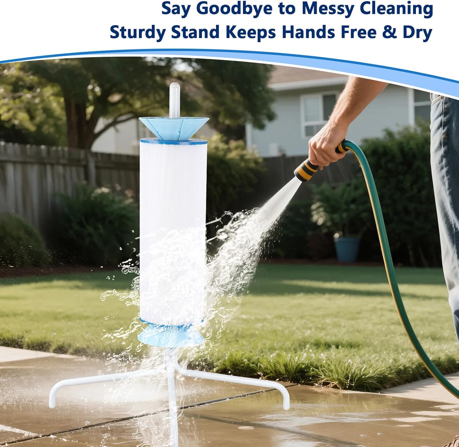 Pool Filter Cleaner Tool with Stand, 360° Rotating Cartridges Washer Stainless Steel Efficient Cleaning Swimming Pool Filter Cleaner with Stable Base, for Spas, Hot Tubs