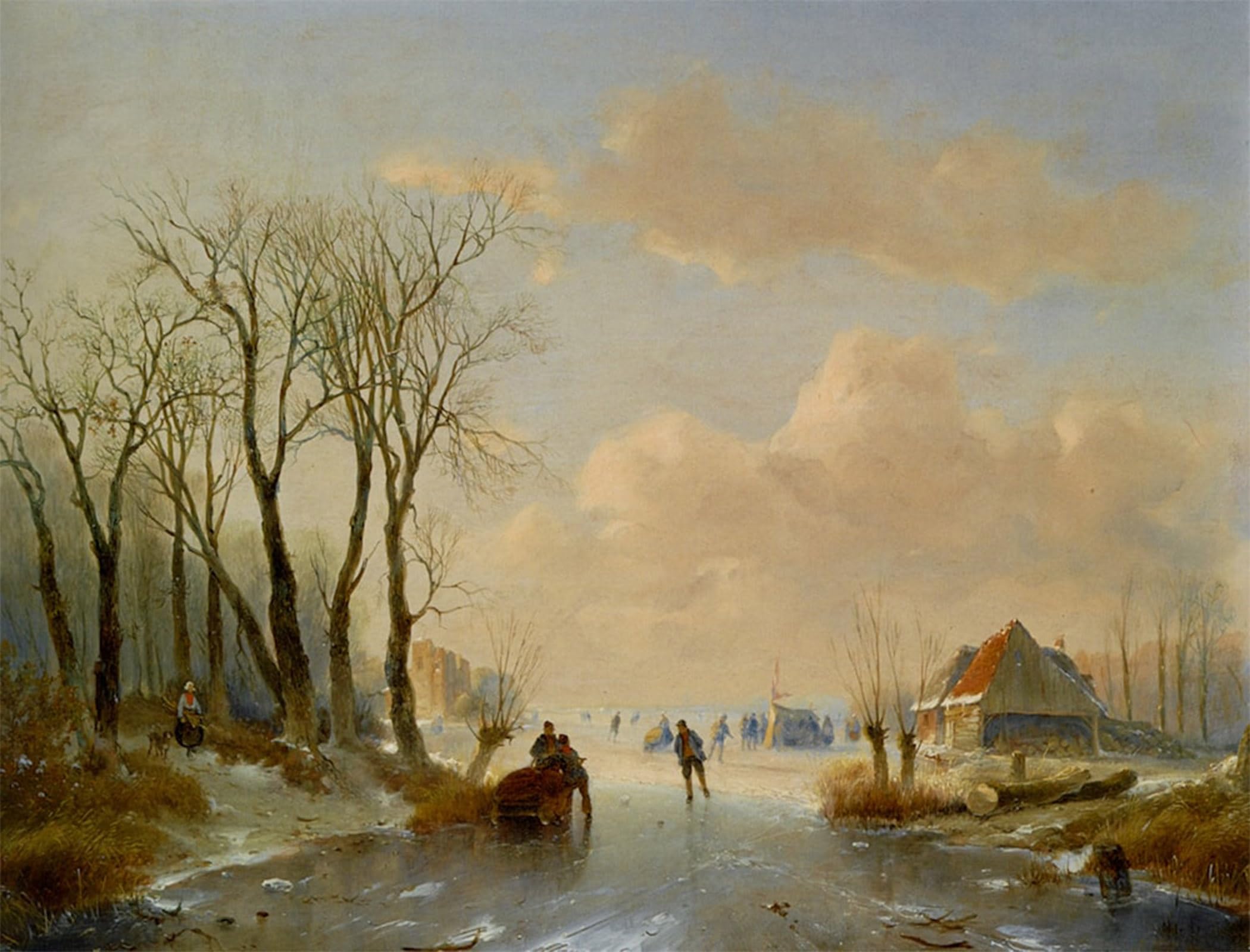SERENDIPITP Abstract Painting Mural Print Picture Wall Decor Painting Skaters on the Ice with a Koek En Zopie in the Distance by Andreas Schelfhout Vintage Wall Artwork for Home Decor 60x90cm