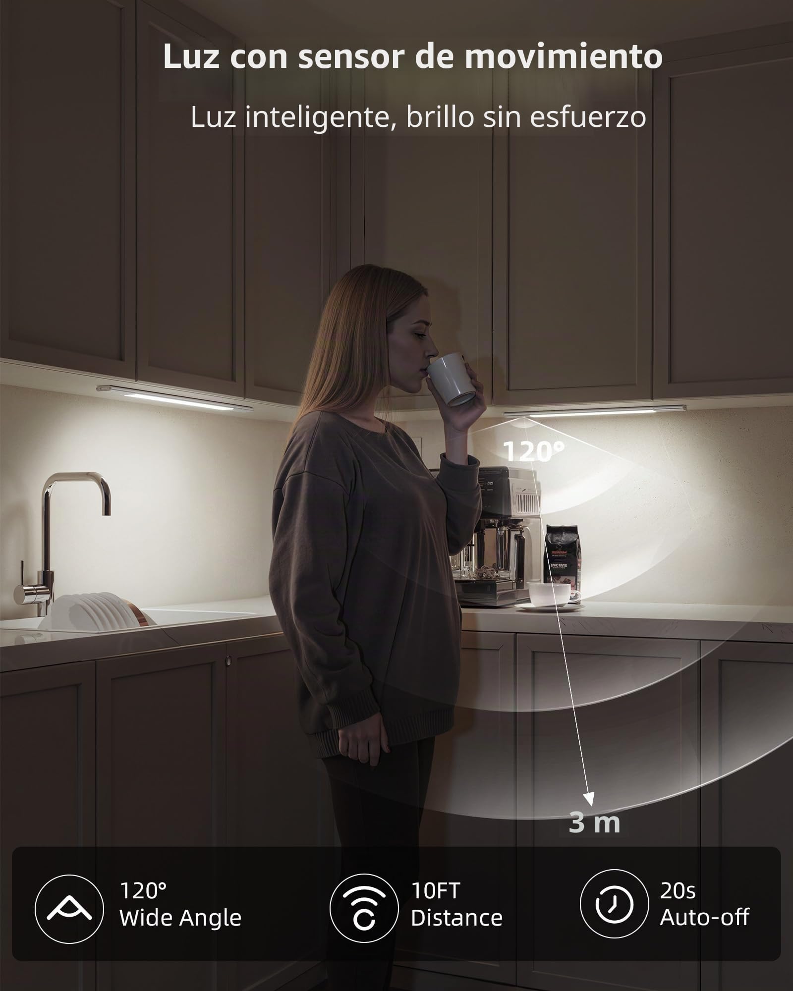 EZVALO Iluminación para armario inalámbrica 50 cm, batería extraíble de 2200 mAh, lámpara empotrable para cocina LED 3 temperaturas de color ajustables, luz para armario con sensor de movimiento