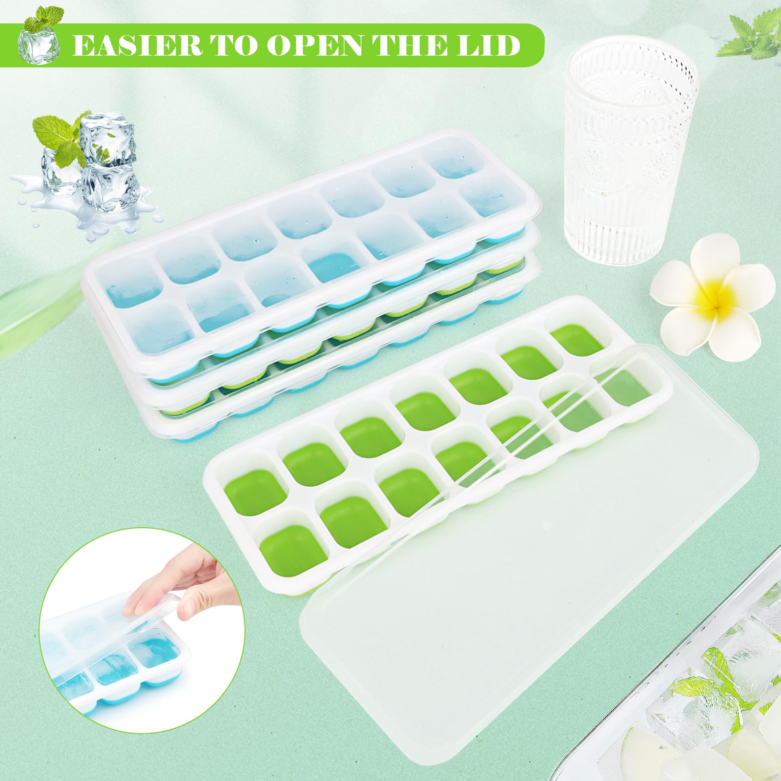 RISVOWO Cubiteras para Hielo con Tapa, 4 Piezas Moldes de Silicona Sin BPA y LFGB, 56 Moldes Hielo Apilables