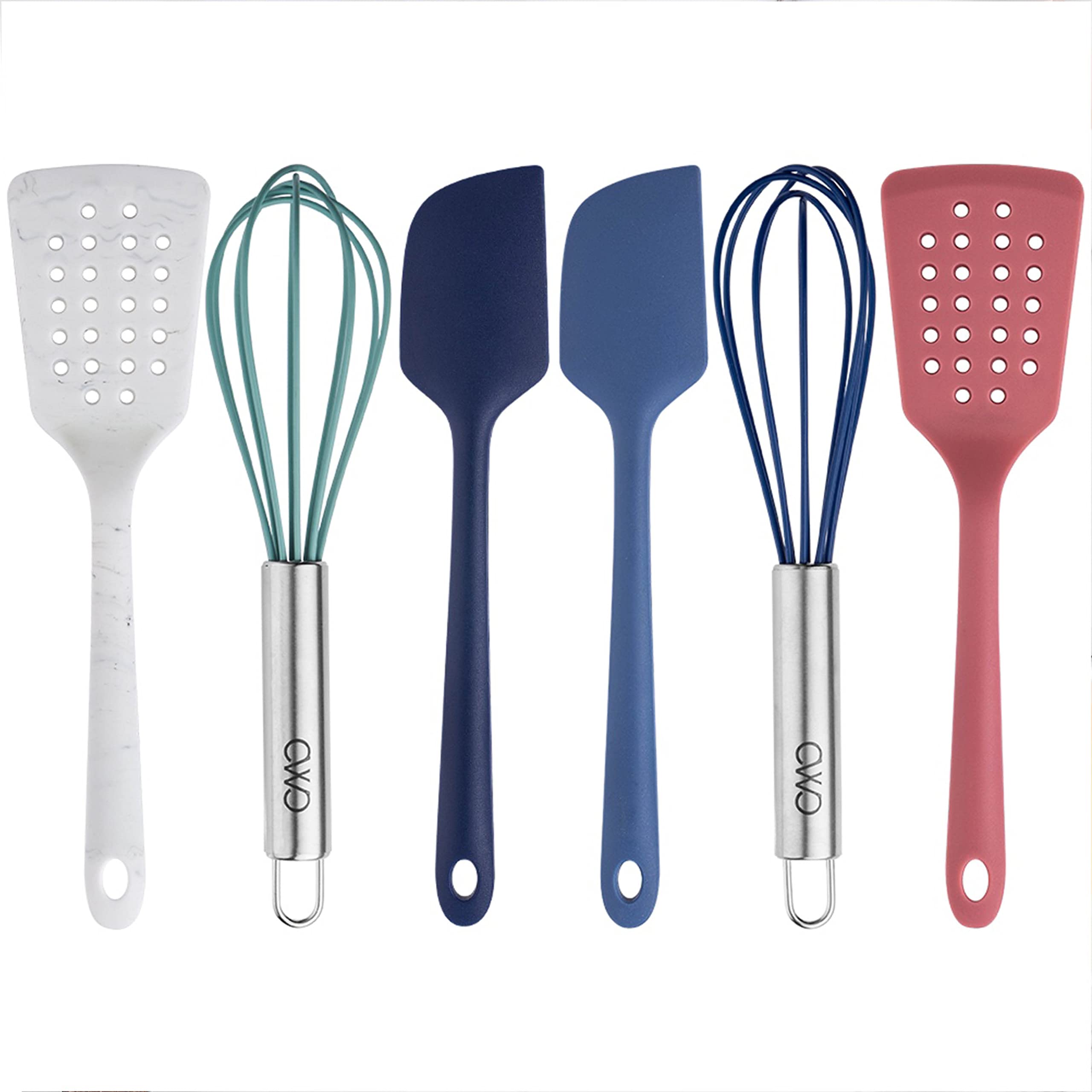 COOK WITH COLOR Mini Silicone Spatula Set- 6 Piece Kitchen Utensil Set with 2 Mini Silicone Spatula, 2 Slotted Mini Cooking Turners and 2 Mini Silicone Whisks (Pink and Navy)