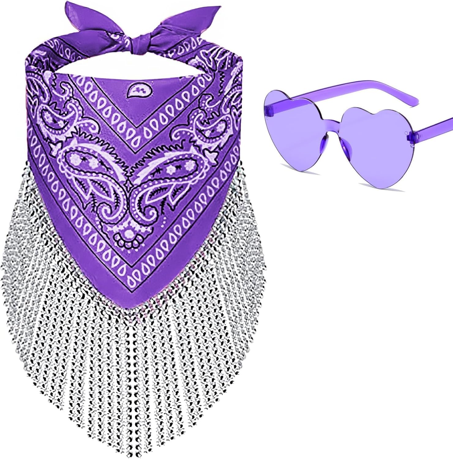 Ricawa Fringe Rhinestone Bandana Disco Cowgirl Bachelorette Sparkly Bandanas for Women Men Halloween, with Heart Sunglasses