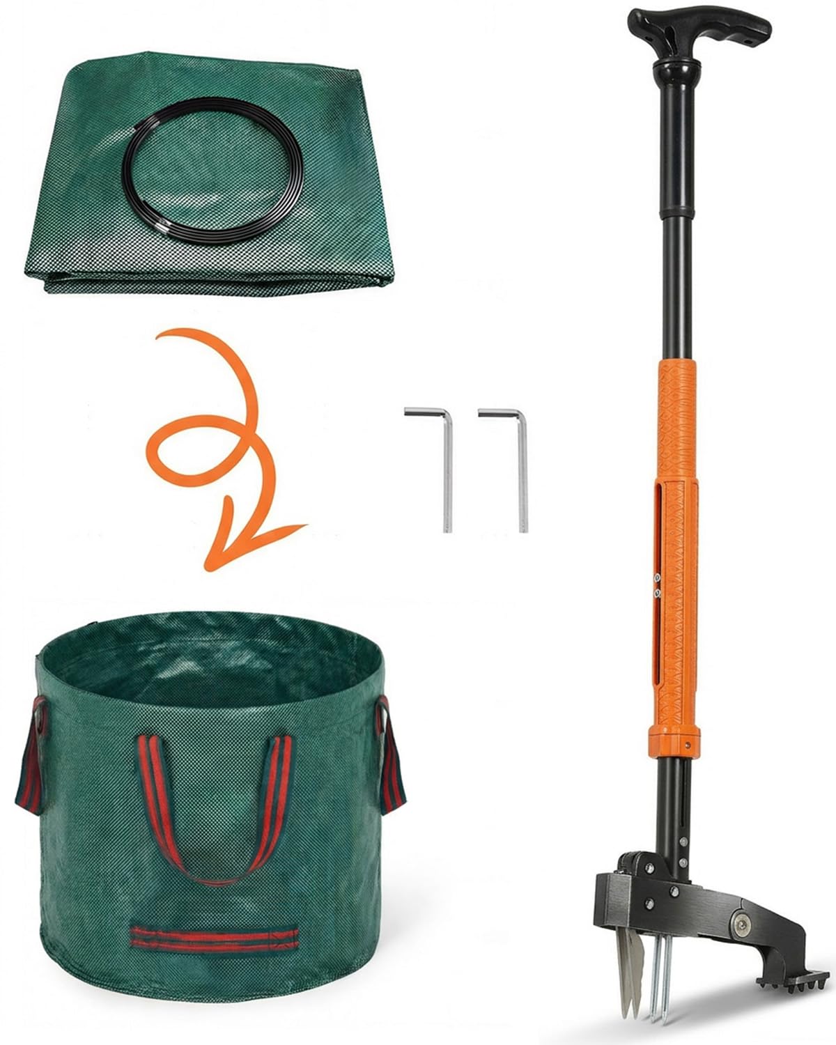 HAUSPROFI Désherbeur Manuel Extracteur (91-118 cm), Arrache-Mauvaise Herbe avec Sac de Jardin 50 L, Arrache-Pissenlit Équipé de 4 Griffes Métalliques et d'une Pédale, Rétractation Automatique