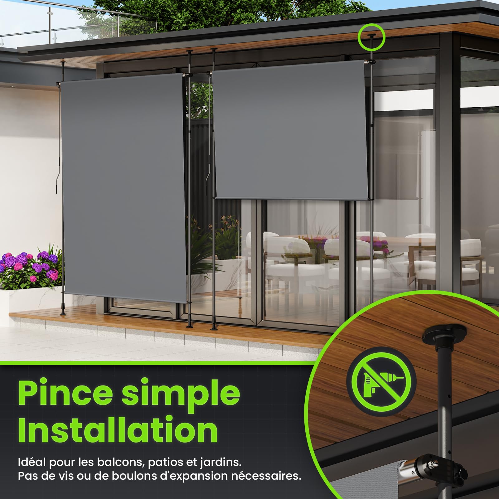 YEAUPE Pro Store Vertical extérieur 100 x 300 cm, Gris foncé, sans perçage, Store à Pince avec manivelle, Convient pour Balcon, terrasse, extérieur et Jardin, Brise-Vue résistant aux intempéries
