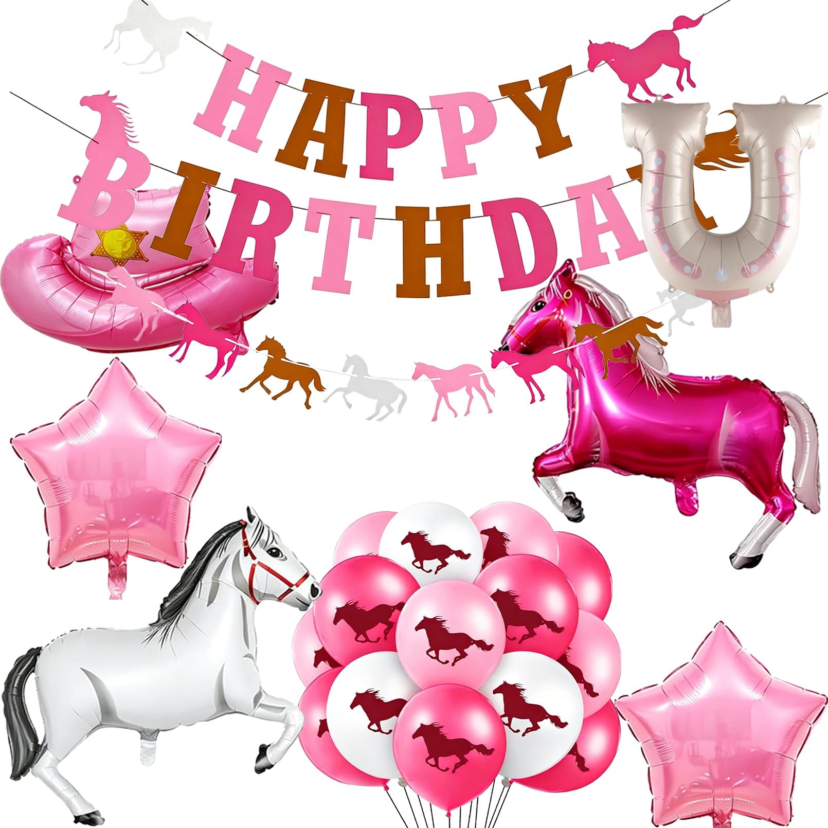 20 Pcs Pink Horse Party Balloons Set, Western Cowgirl Birthday Supplies Kit with Latex Balloons, Foil Balloons and Banners