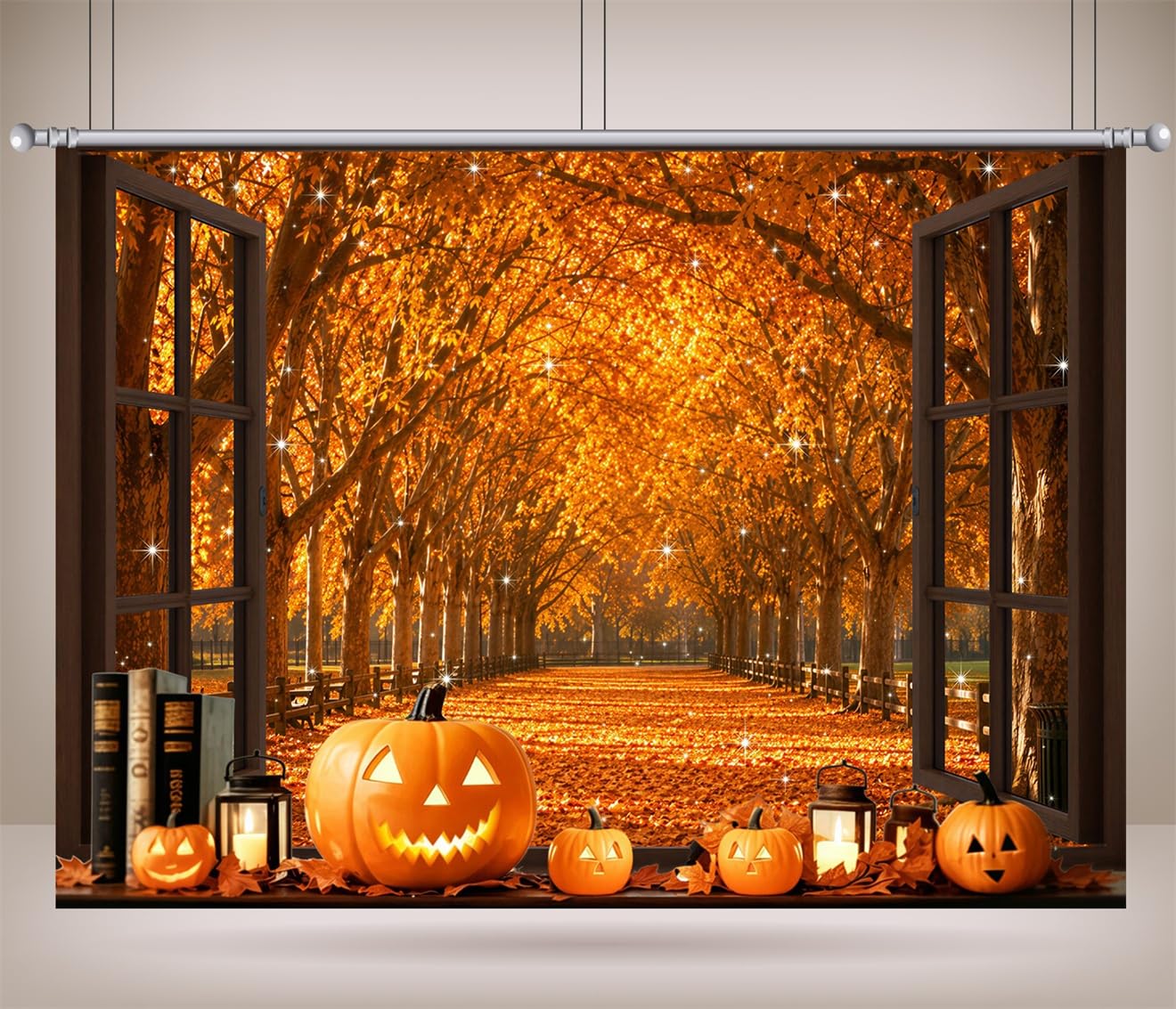 12x8FT (3.6x2.5m) Finestra Halloween Su Viale Autunnale Sfondo Fotografico | Vista Sul Bosco Illuminata Da Zucche Fondale In Tessuto,Cornici Scure Tunnel,Per Feste Halloween E Foto,Photo Booth