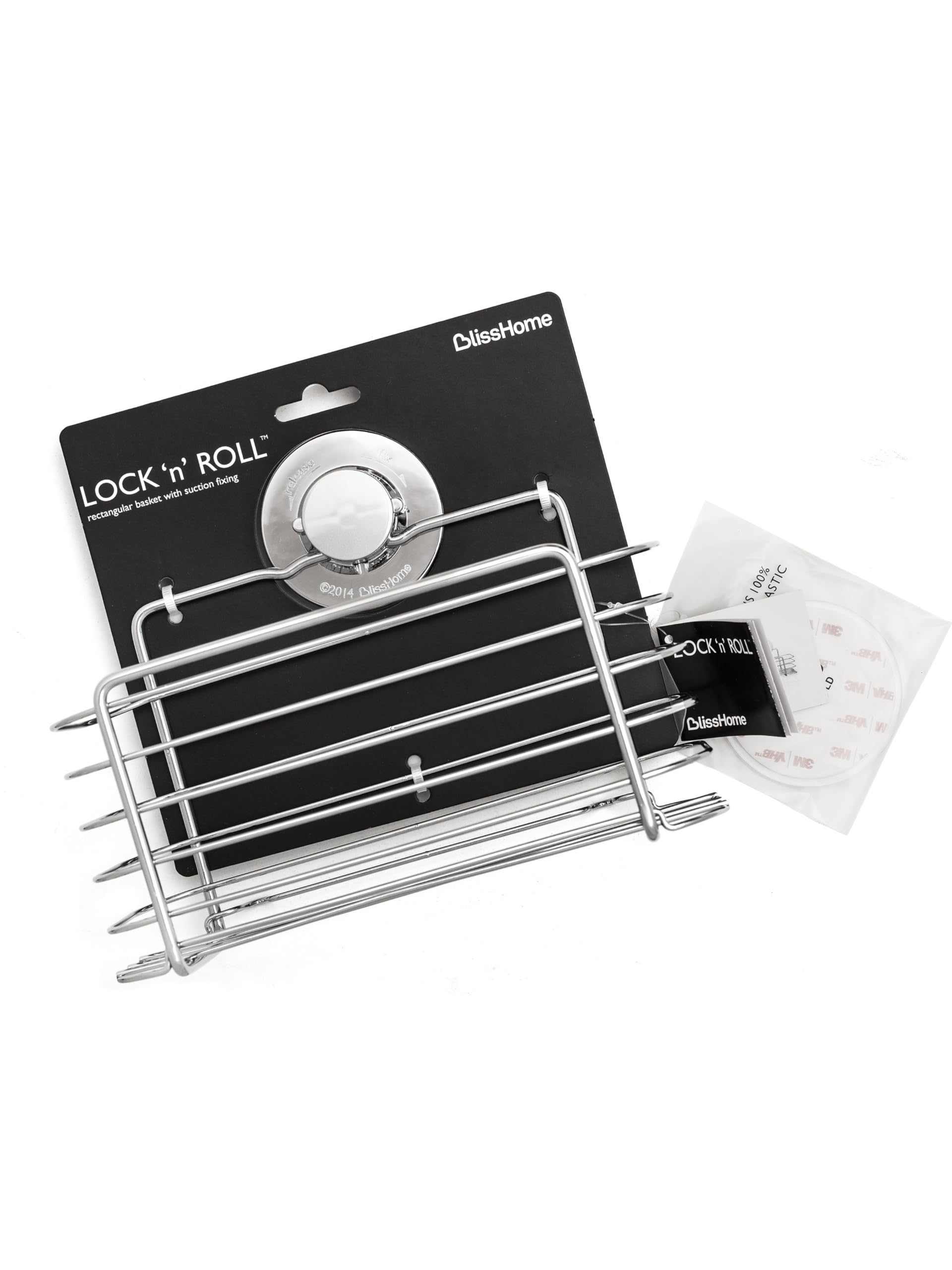 BlissHome Lock n Roll - Cesto doccia rettangolare a ventosa, colore: argento, 10 cm x 24 cm x 13,5 cm