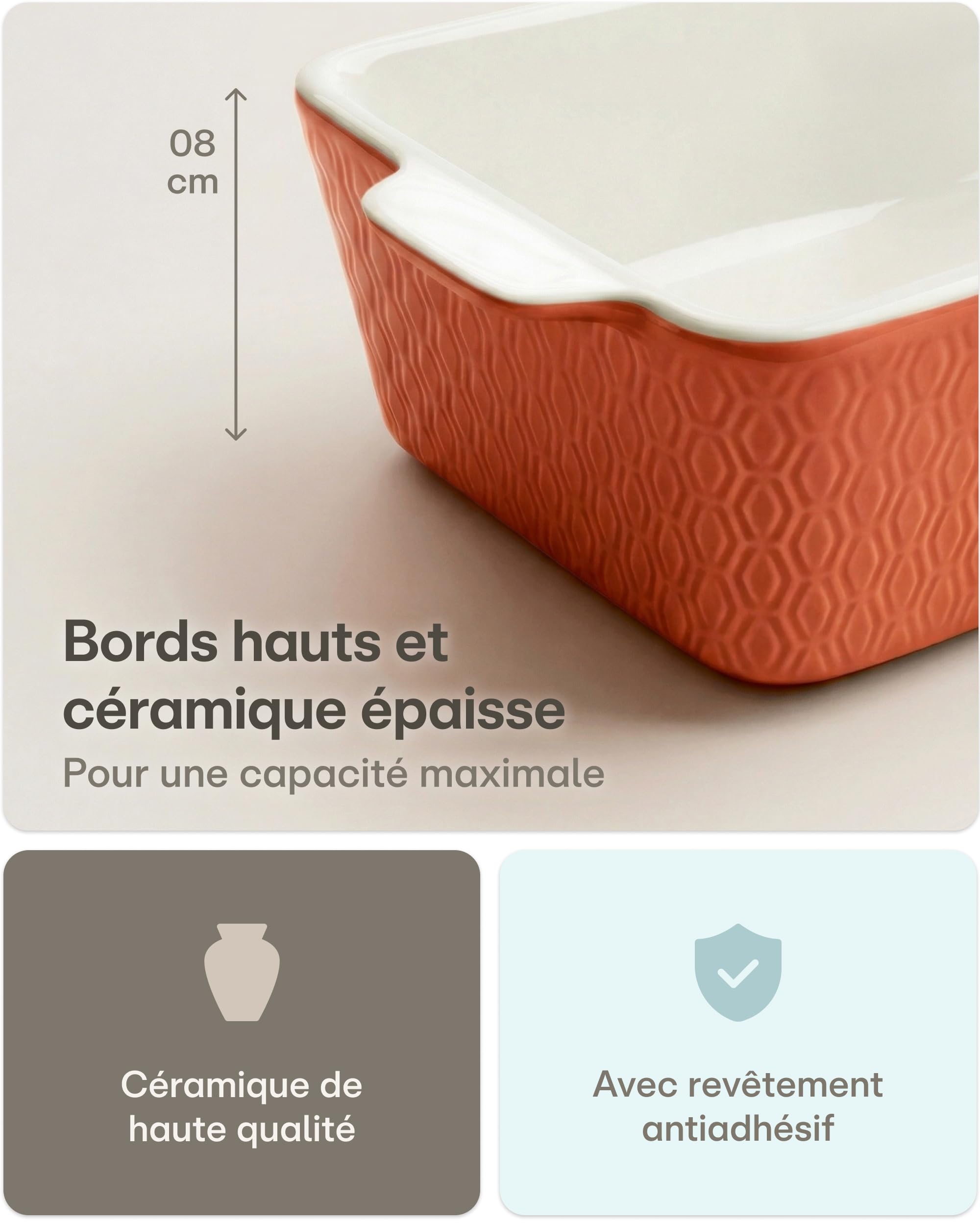 Praknu Plat à Four en Céramique Grand - Anti-adhésif et Anti-rayures - Bord très Haut - Rectangulaire (Rouge)