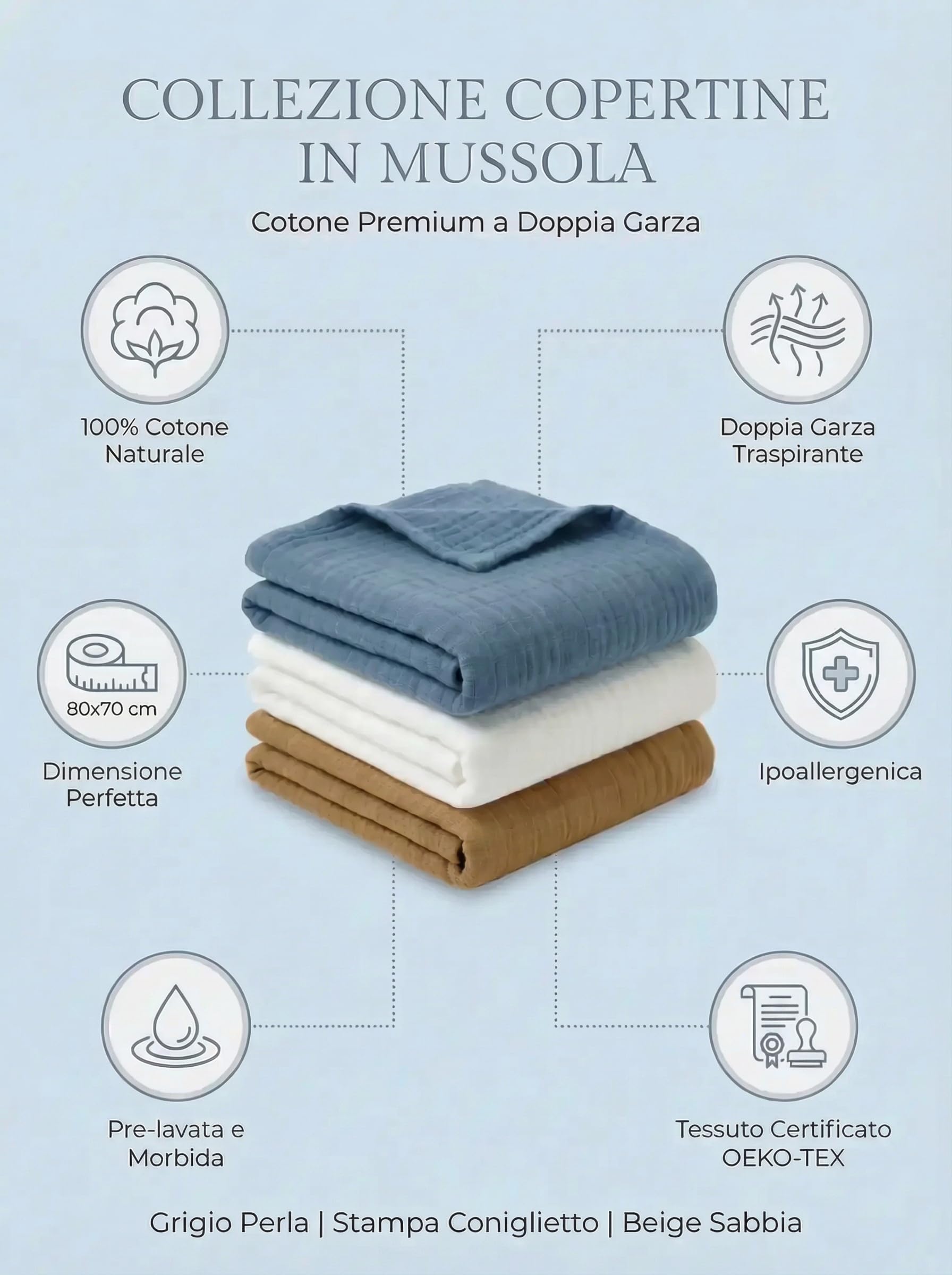 BABYSAFE Mussole Neonato Cotone Biologico 80x70cm Doppia Garza Pacco da 3 Copertina OEKO-TEX Made in Europe