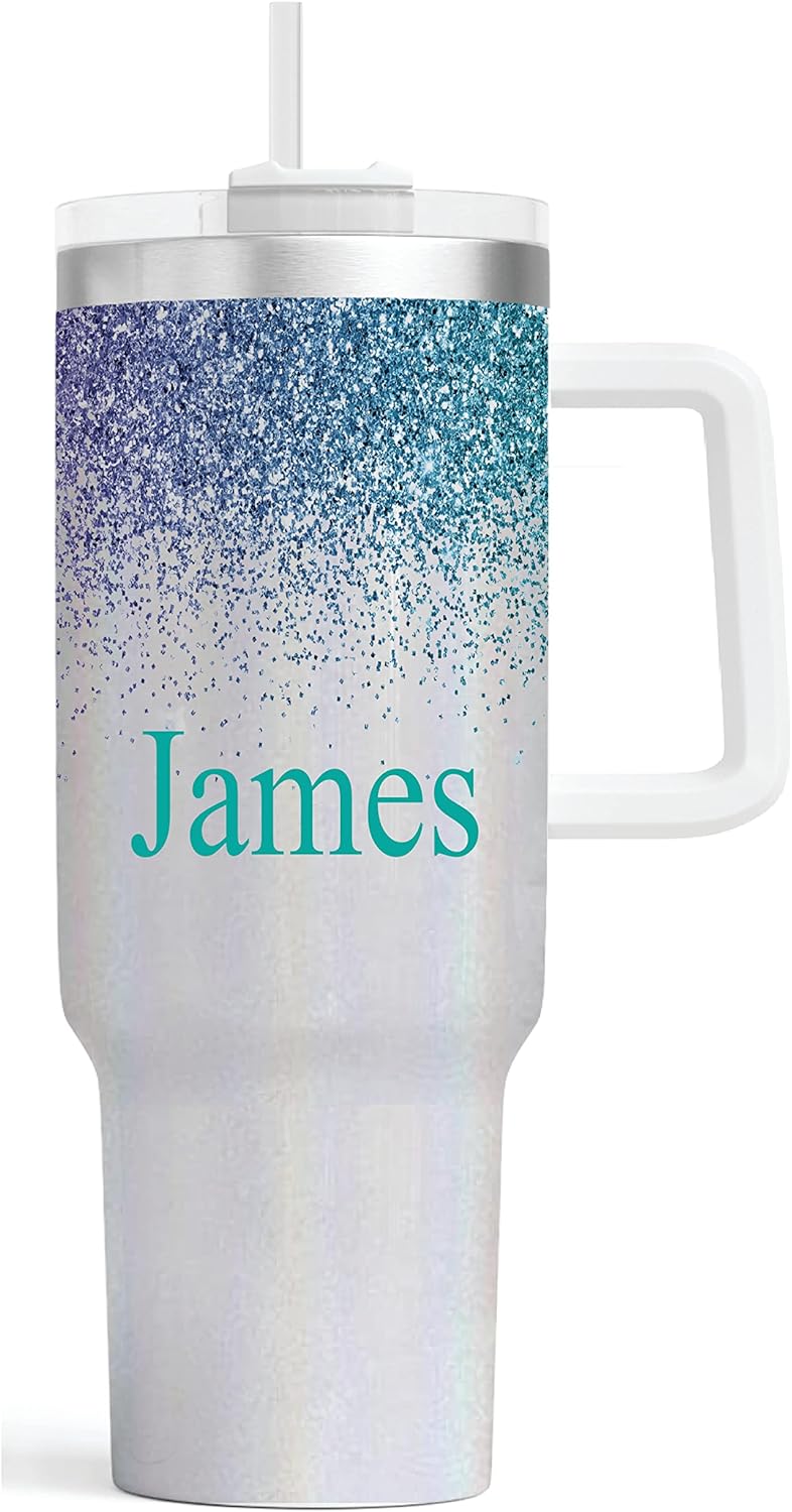 40oz Personalized Tumbler With Handle | Stainless Steel Insulated | Travel Mug | Double Wall Coffee Cup for Hot and Cold Drinks | Pink Glitter Effect with Name | Custom 40 oz Tumblers - Image 4