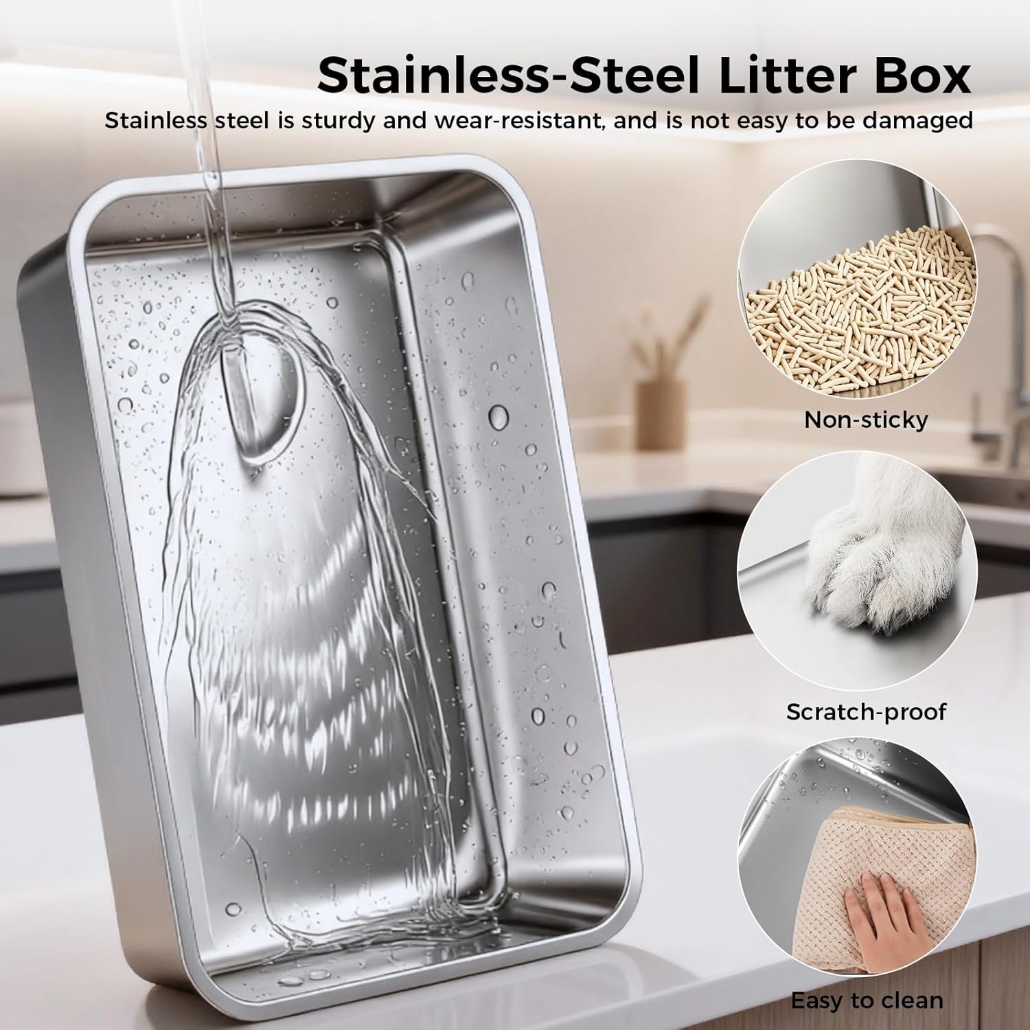 GTPLAYER Stainless Steel Litter Box for Big & Multiple Cats, Easy Clean Odor-Resistant Design, High Sided Leak-Proof Litter Box with Mat & Scoop, Light Gray