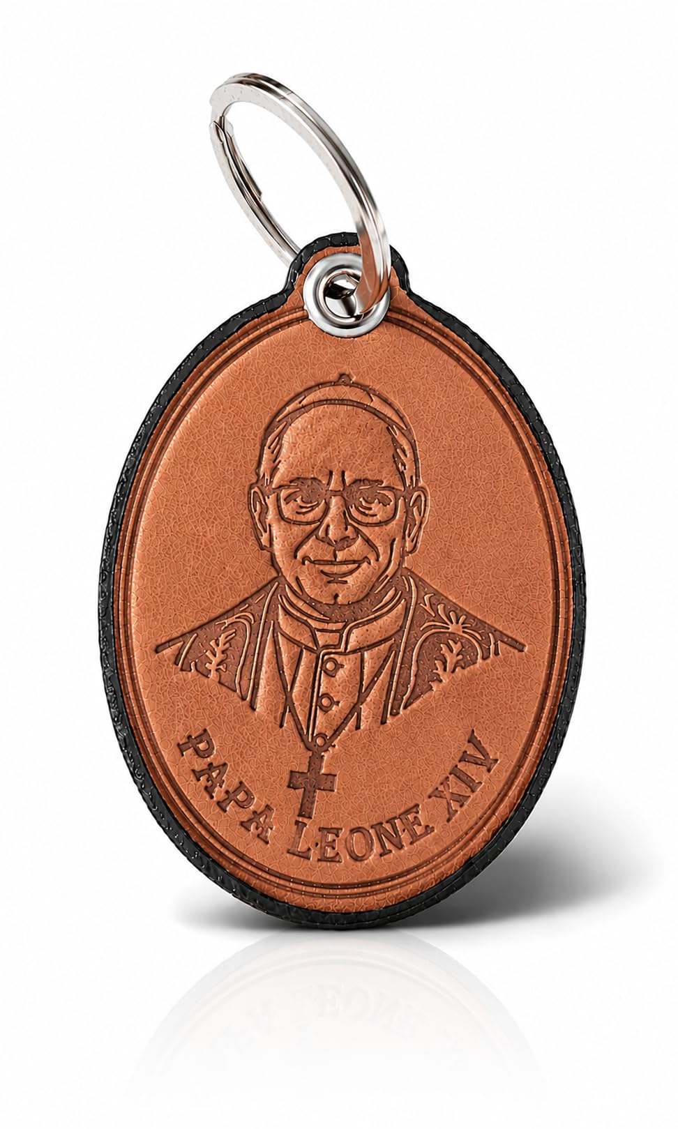 I G J Unisex Brown Pope Leo Xiv (Pope Prevost) And Papal Seal - Genuine Leather Keychain - 100% Made In Italy