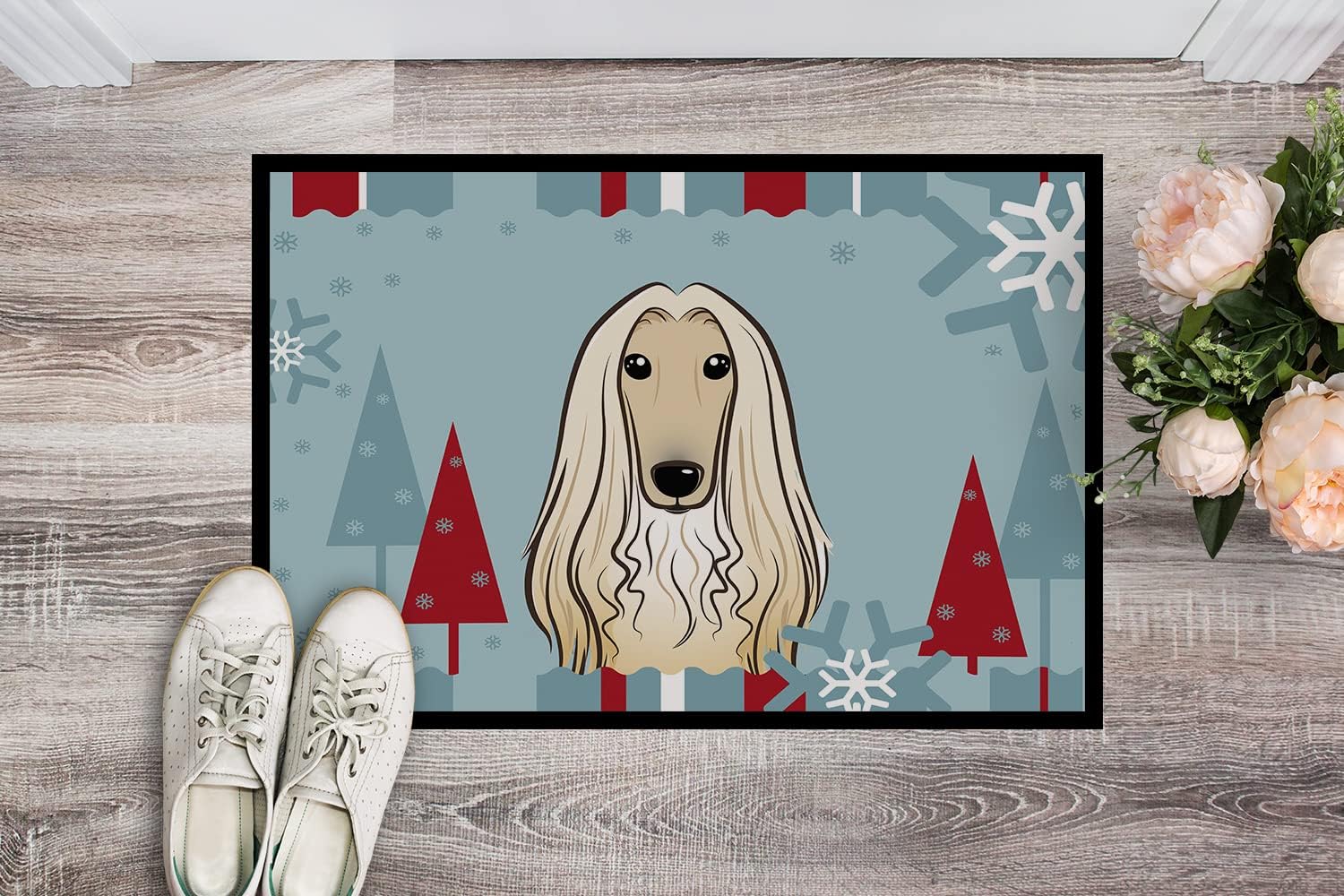 Caroline's Treasures BB1740JMAT Winter Holiday Afghan Hound Doormat 24x36 Front Door Mat Indoor Outdoor Rugs for Entryway, Non Slip Washable Low Pile, 24H X 36W