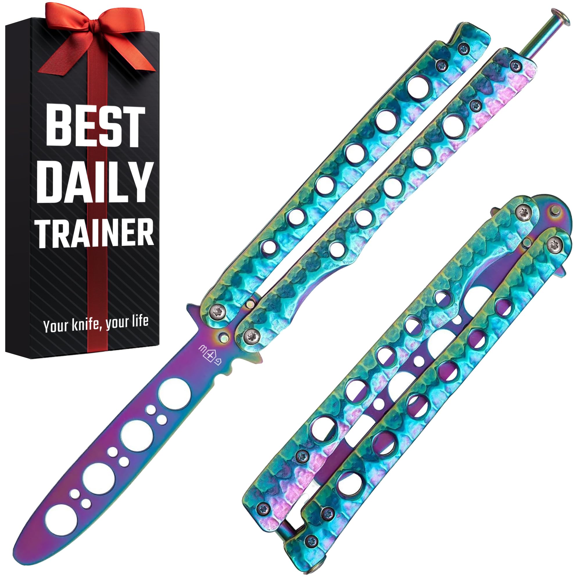 Butterfly Knife - Balisong Trainer - Multicolor Practice Butterfly Trainer with Sure Spring Latch - Balisong Knives NOT Real NOT Sharp Blade - Full Stainless Steel Fake Dull Trick CSGO Fidget Toy K08